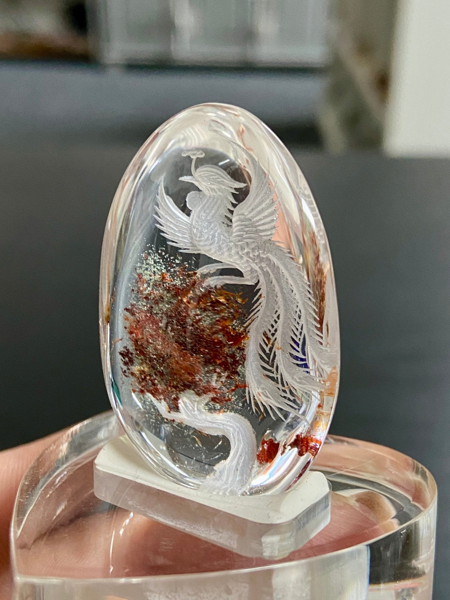 Phoenix Rising - Clear Quartz Oval with Diamond Tip Etching