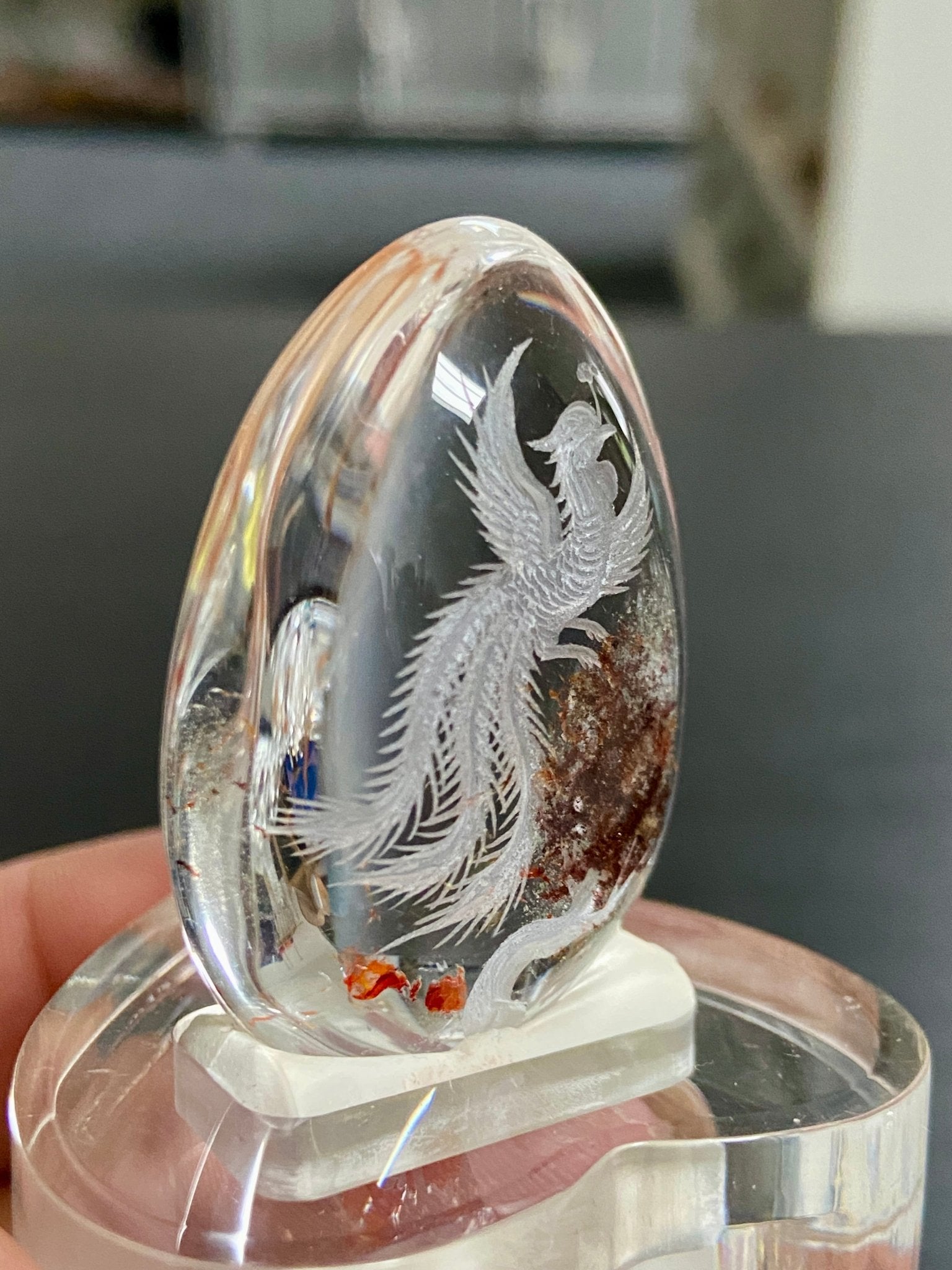 Phoenix Rising - Clear Quartz Oval with Diamond Tip Etching