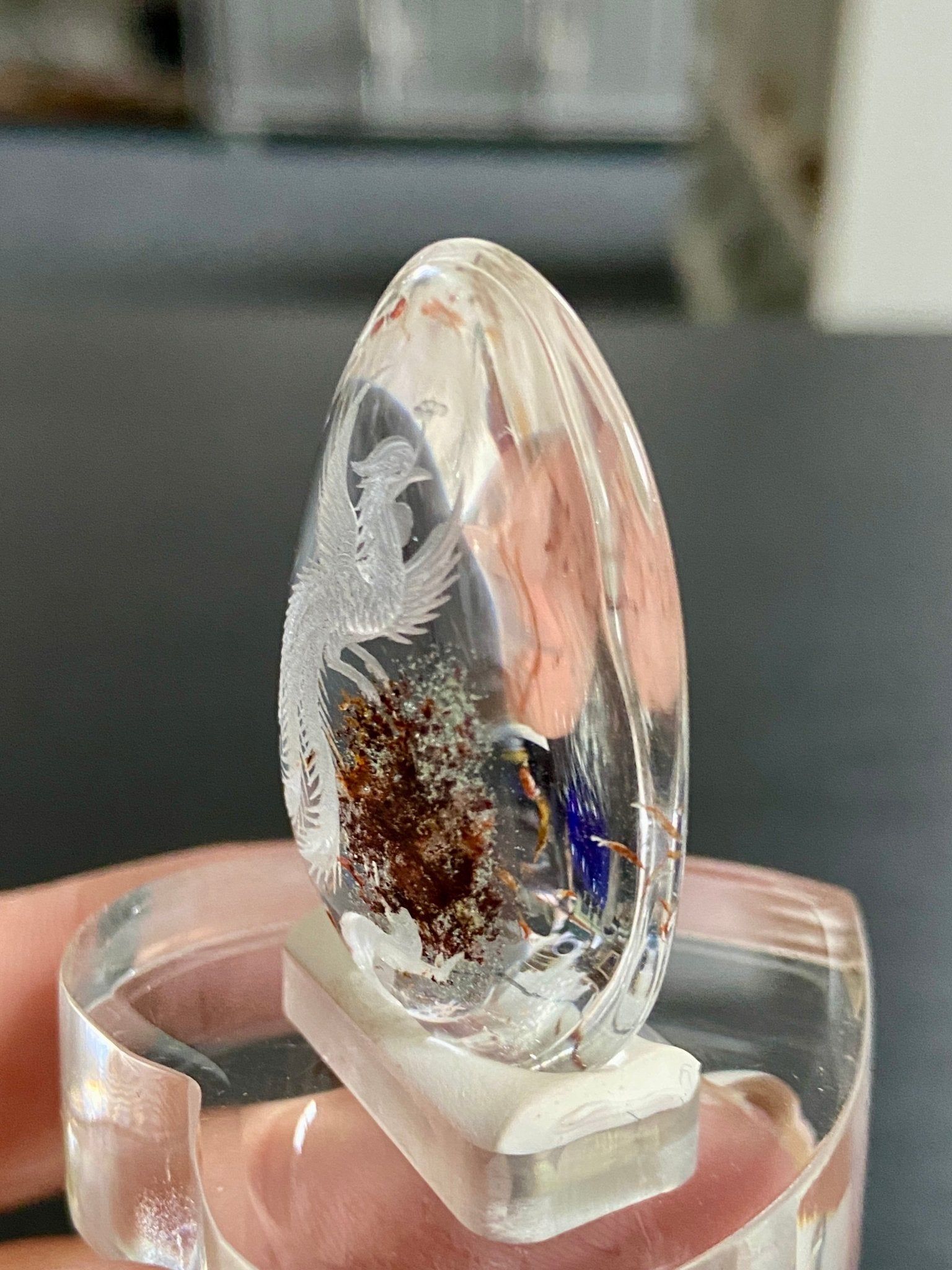 Phoenix Rising - Clear Quartz Oval with Diamond Tip Etching