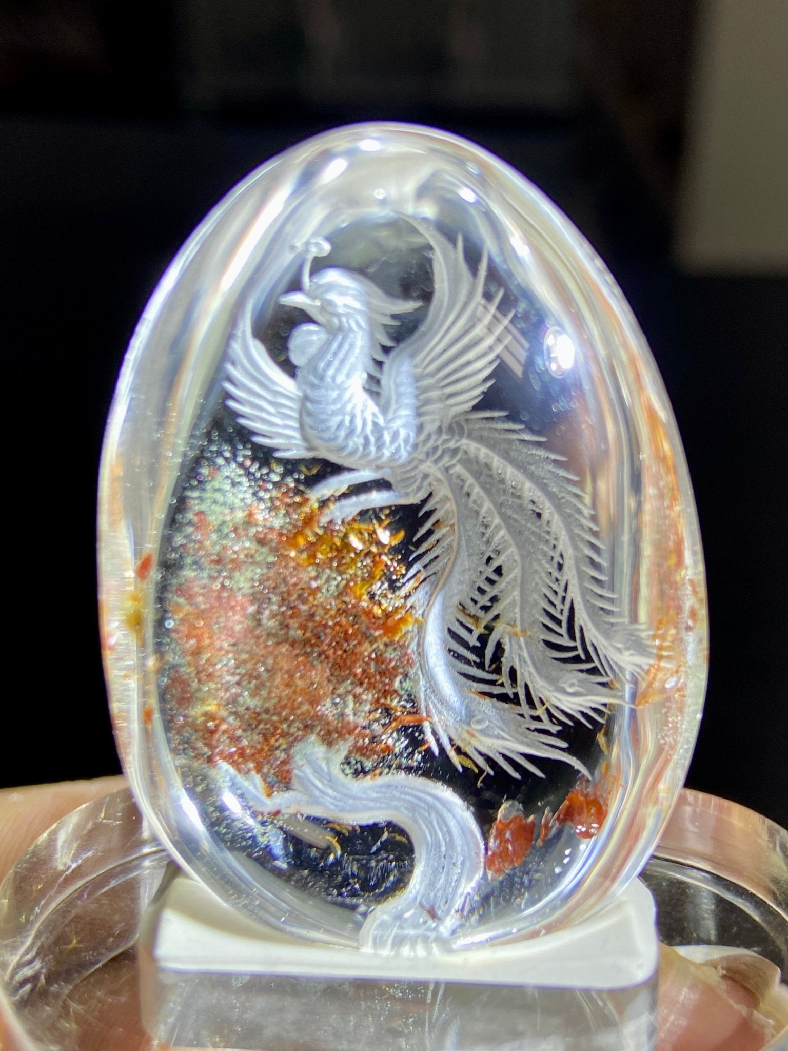 Phoenix Rising - Clear Quartz Oval with Diamond Tip Etching