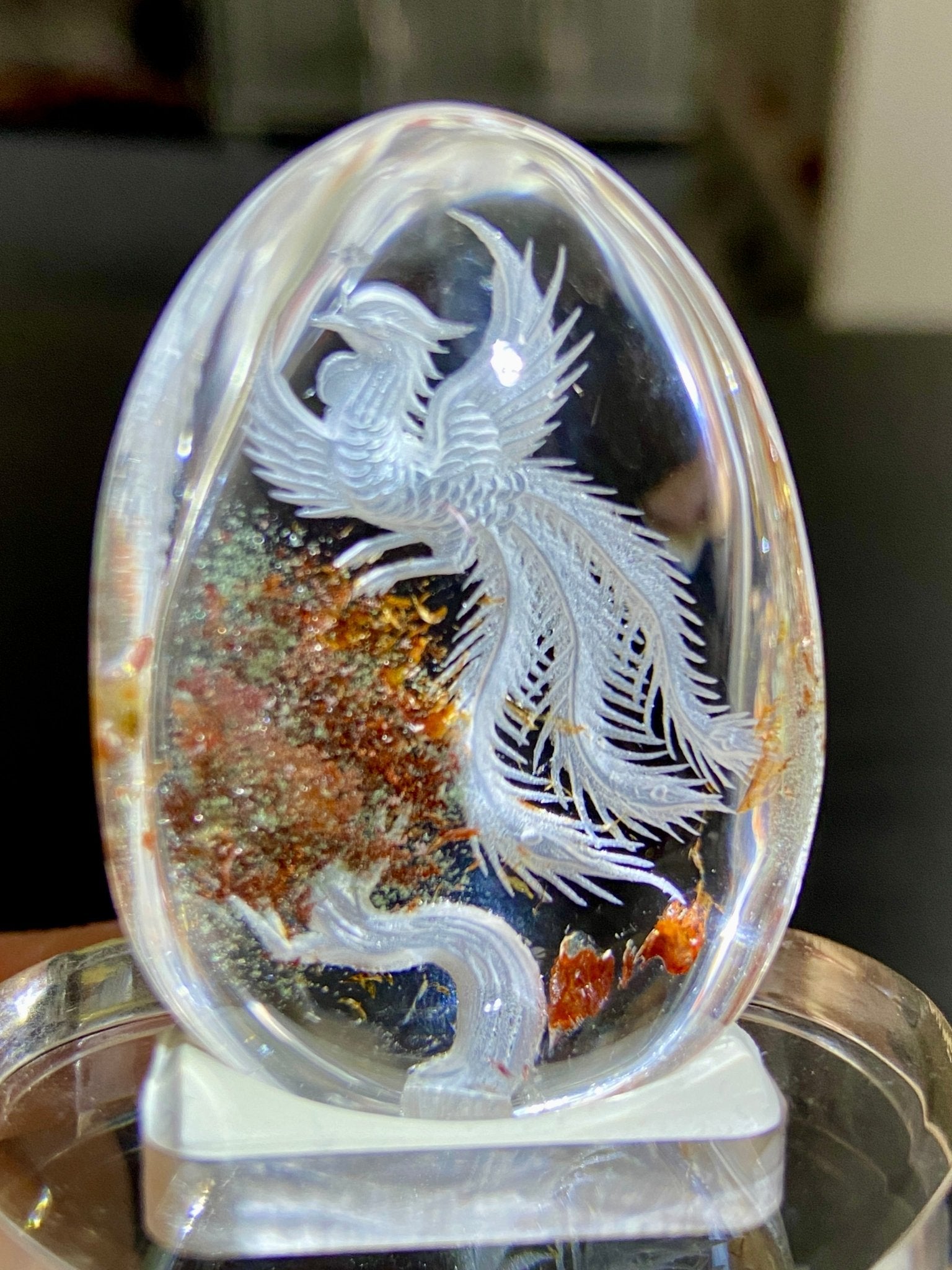 Phoenix Rising - Clear Quartz Oval with Diamond Tip Etching