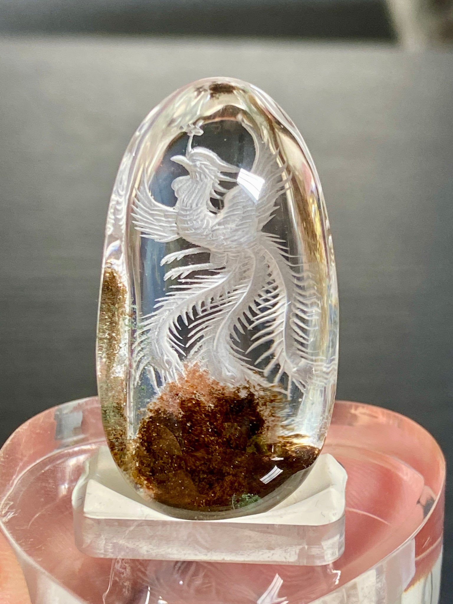 Clear Quartz with Phoenix Rising- Diamond Tip Etching