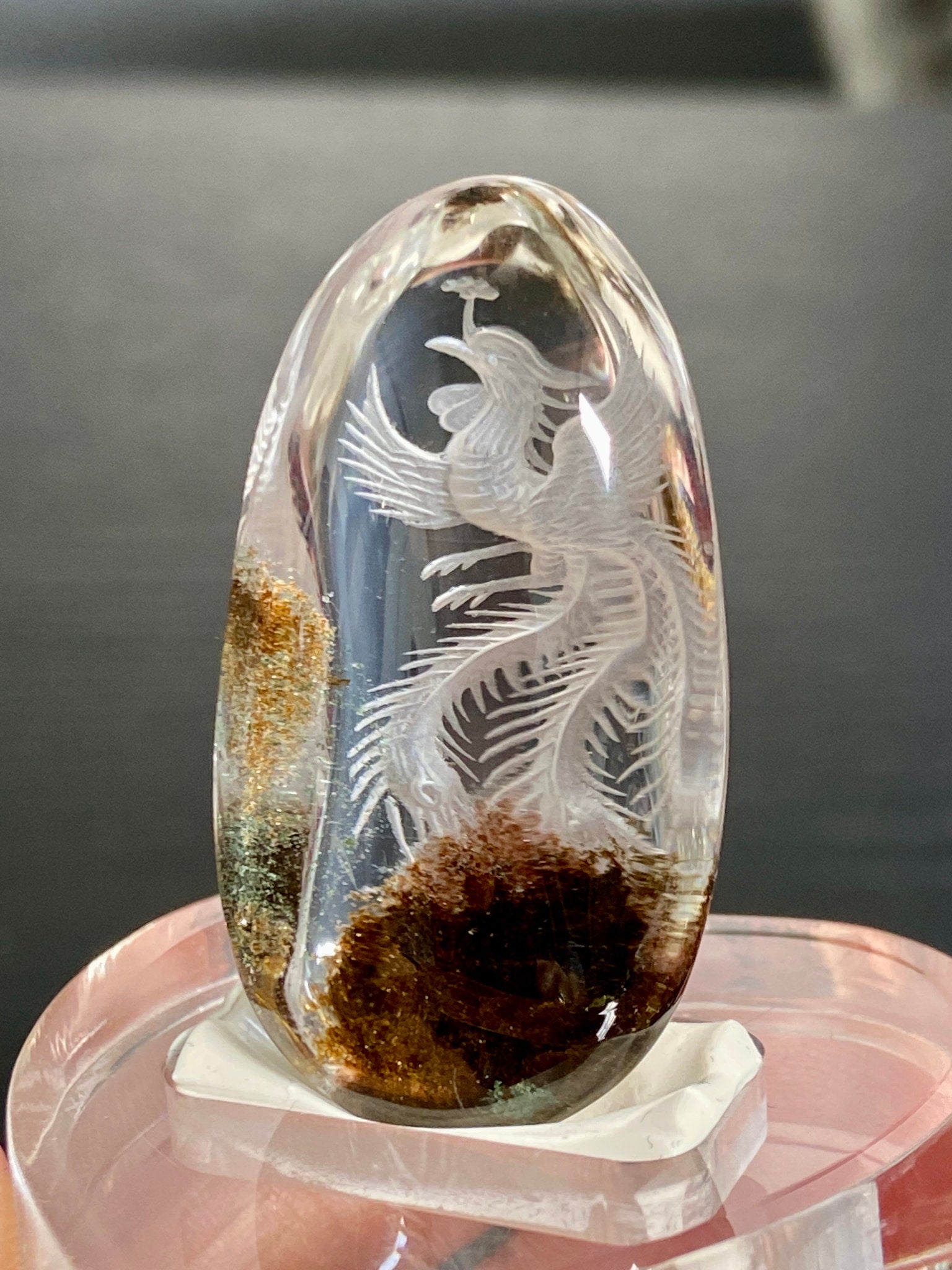 Clear Quartz with Phoenix Rising- Diamond Tip Etching