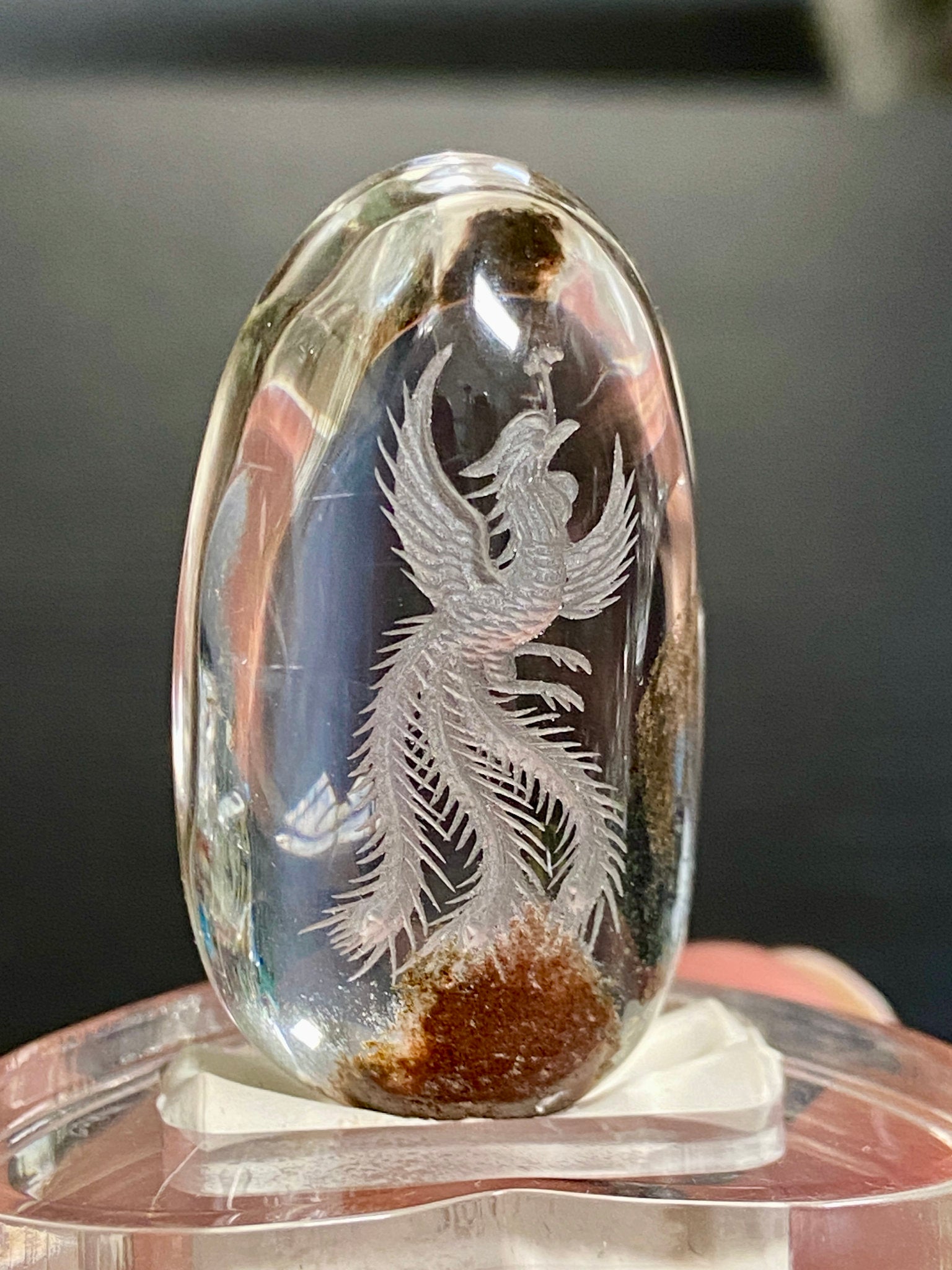 Clear Quartz with Phoenix Rising- Diamond Tip Etching