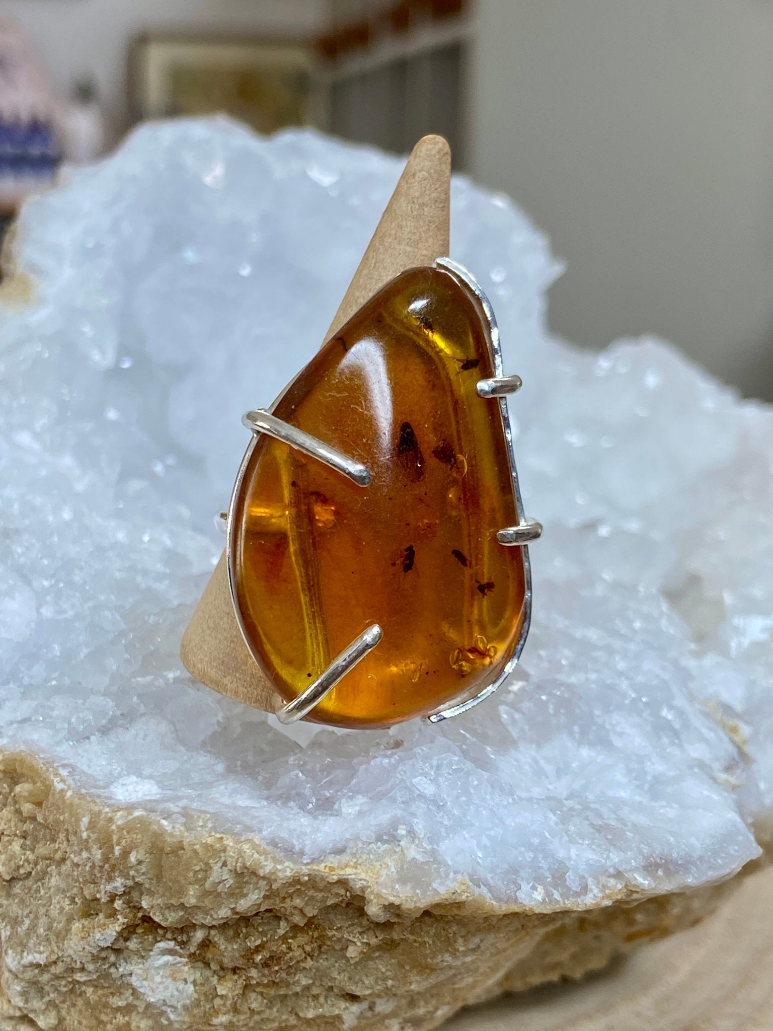 Bezelled Amber Ring with Prehistoric Inclusions – Bespoke by Song of the Sea