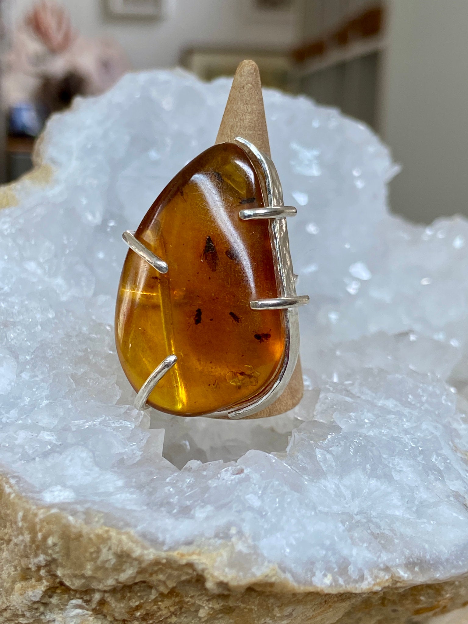 Bezelled Amber Ring with Prehistoric Inclusions – Bespoke by Song of the Sea