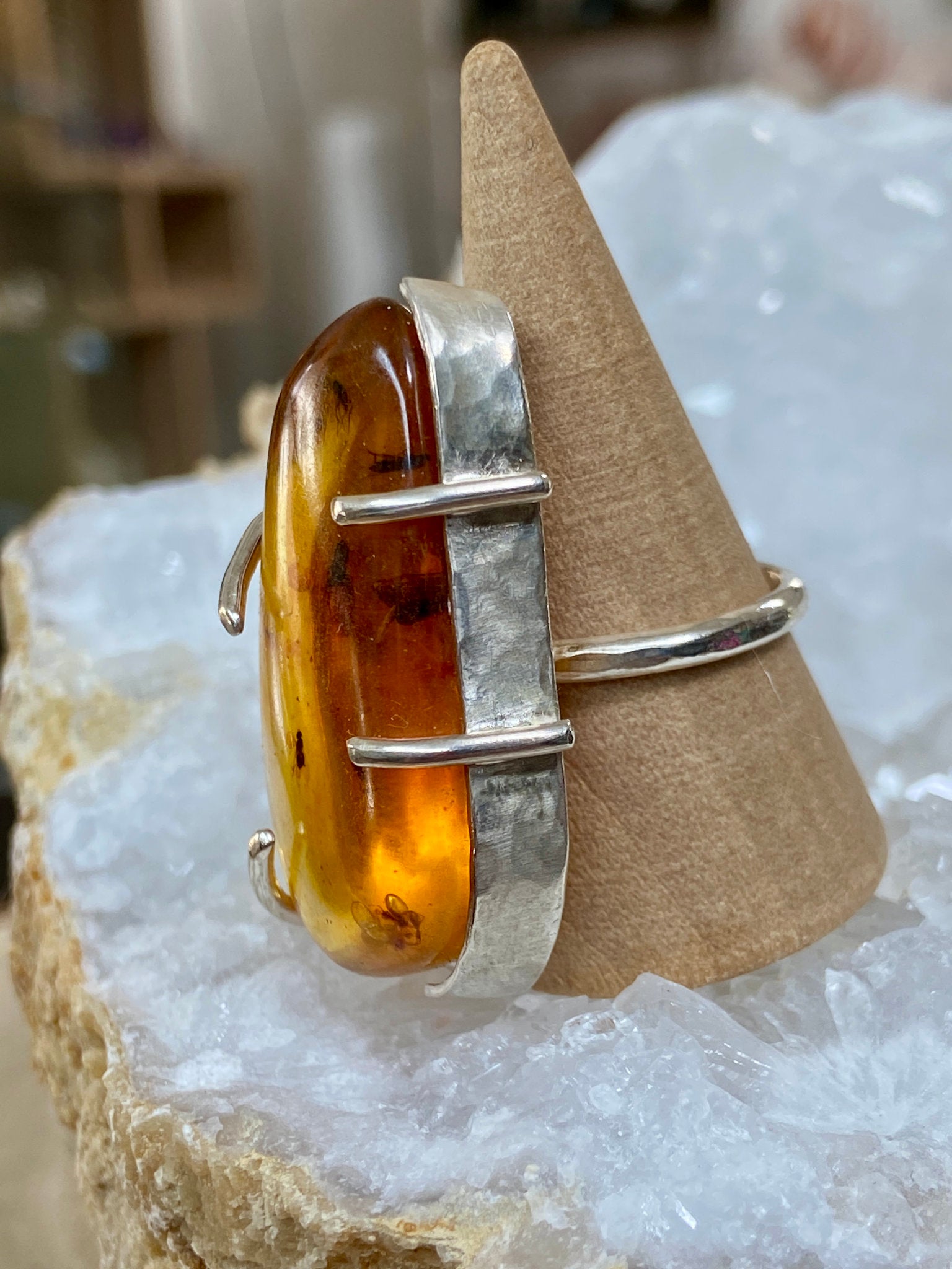 Bezelled Amber Ring with Prehistoric Inclusions – Bespoke by Song of the Sea