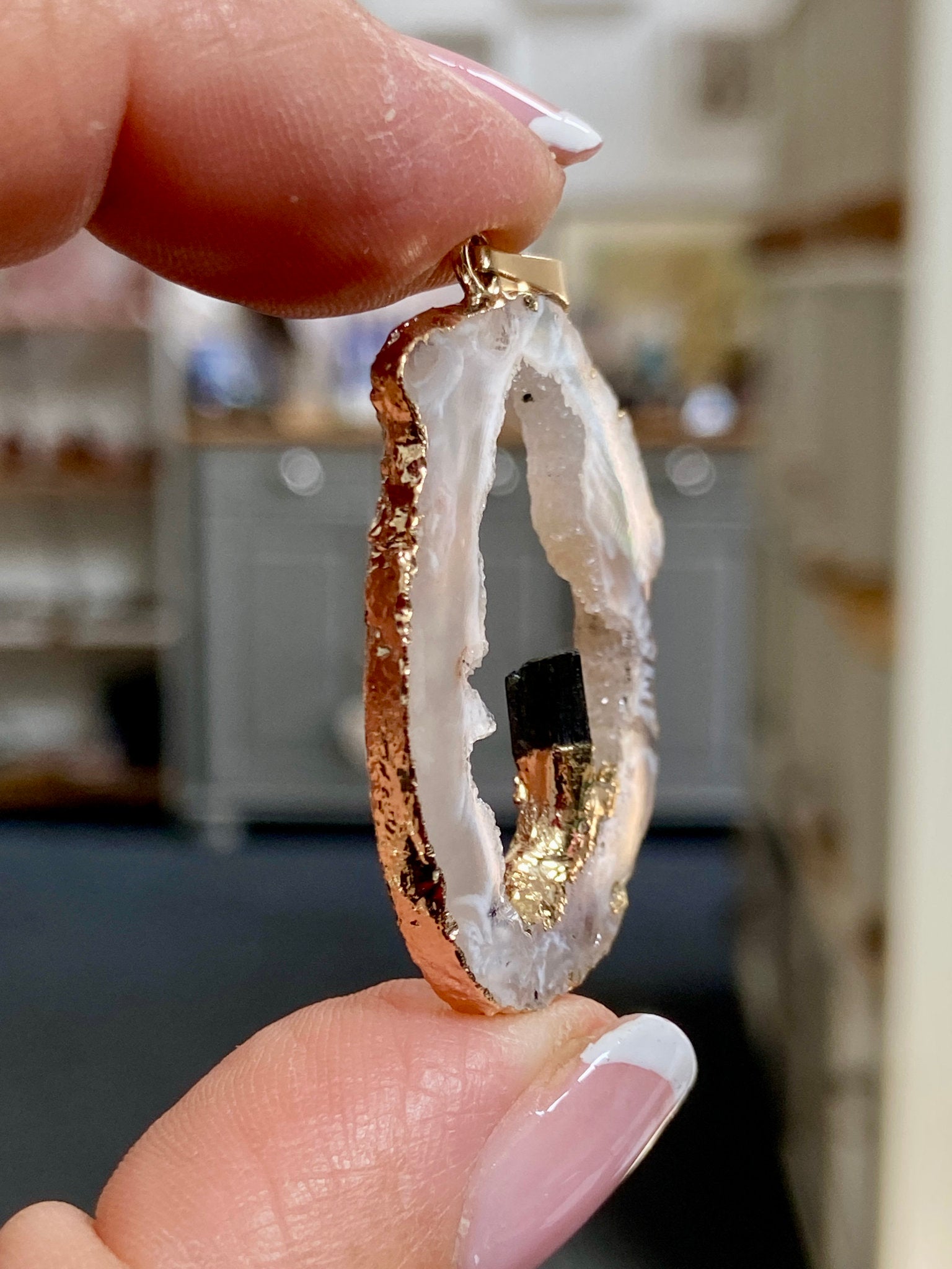 Tabasco Geode - Black Tourmaline Gold Gilded Pendant