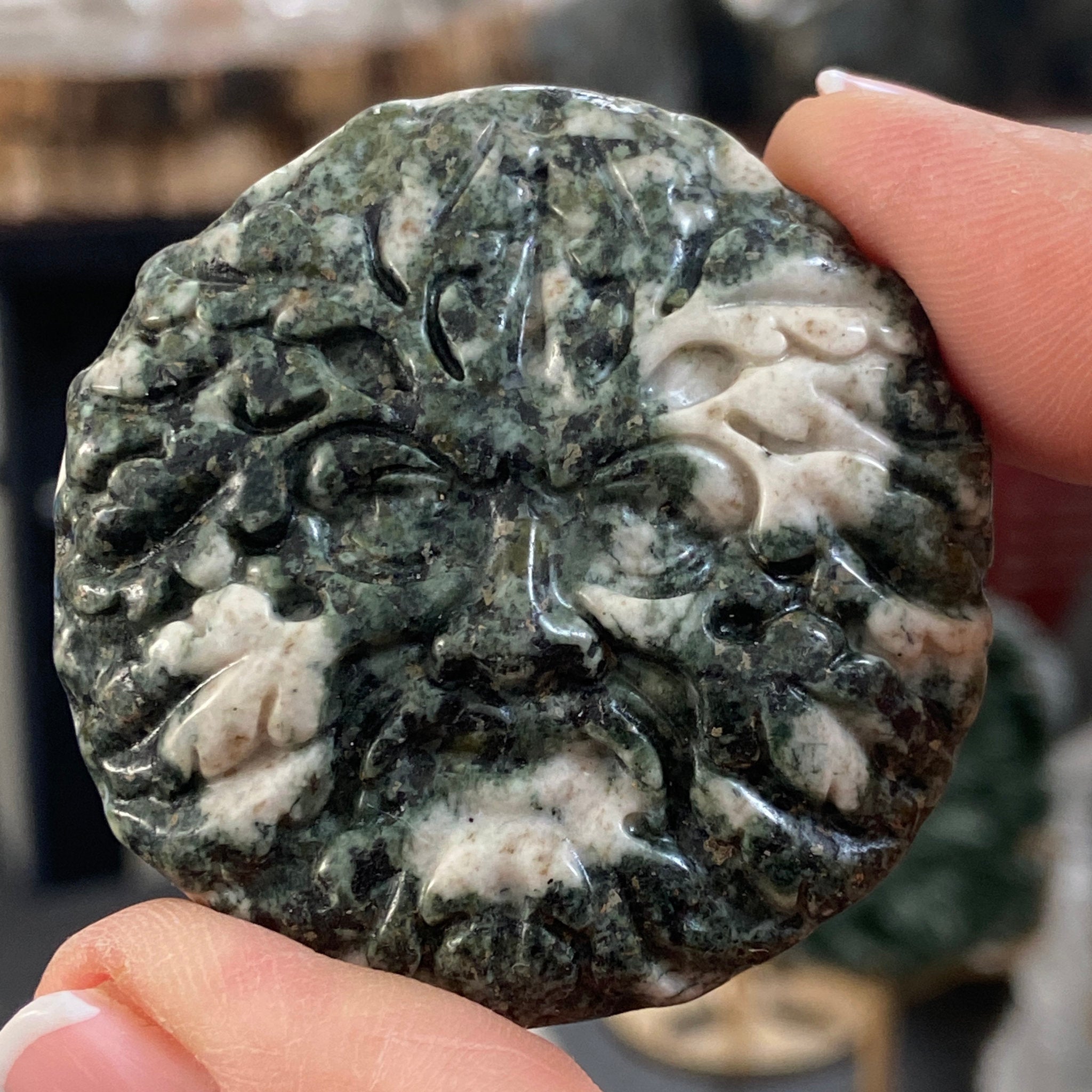 Preseli Bluestone Green Man Carved Palmstone - Stonehendge