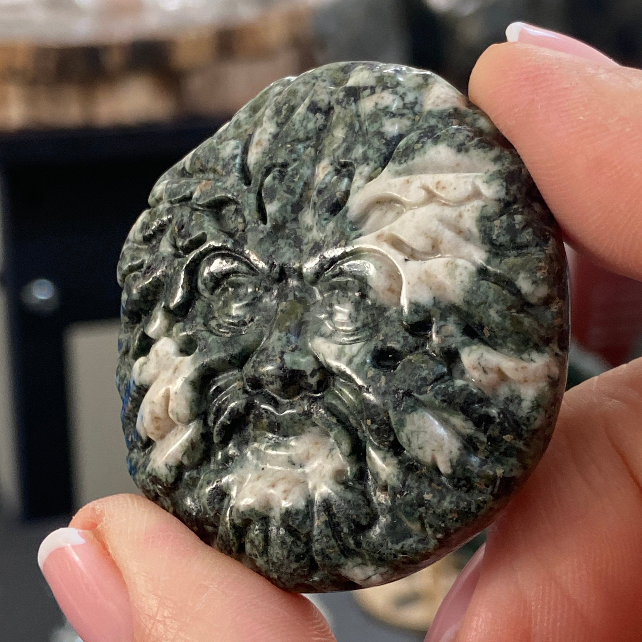 Preseli Bluestone Green Man Carved Palmstone - Stonehendge