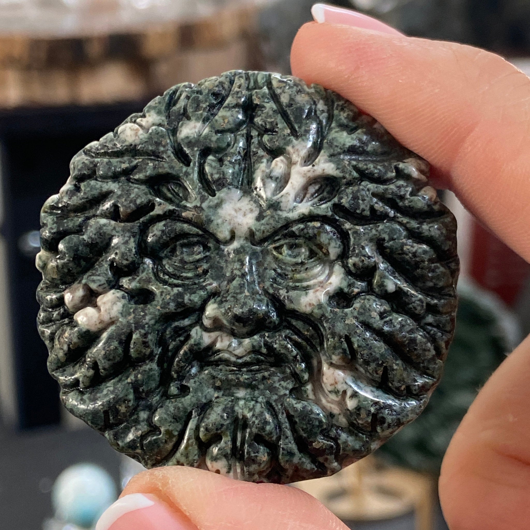 Preseli Bluestone Green Man Carved Palmstone - Stonehendge
