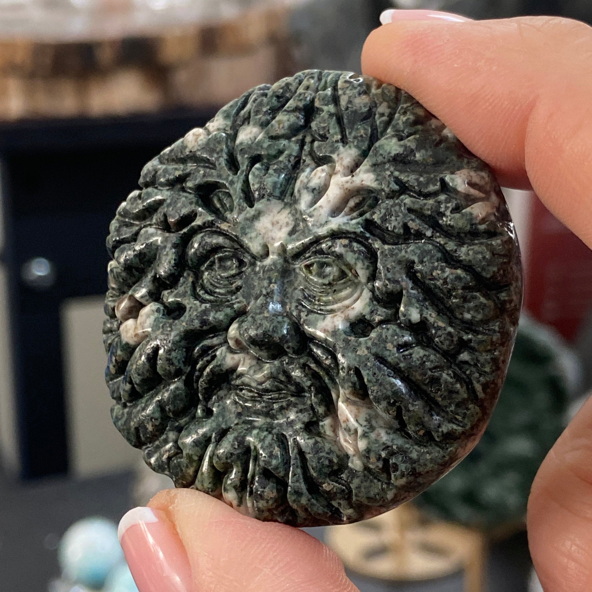 Preseli Bluestone Green Man Carved Palmstone - Stonehendge