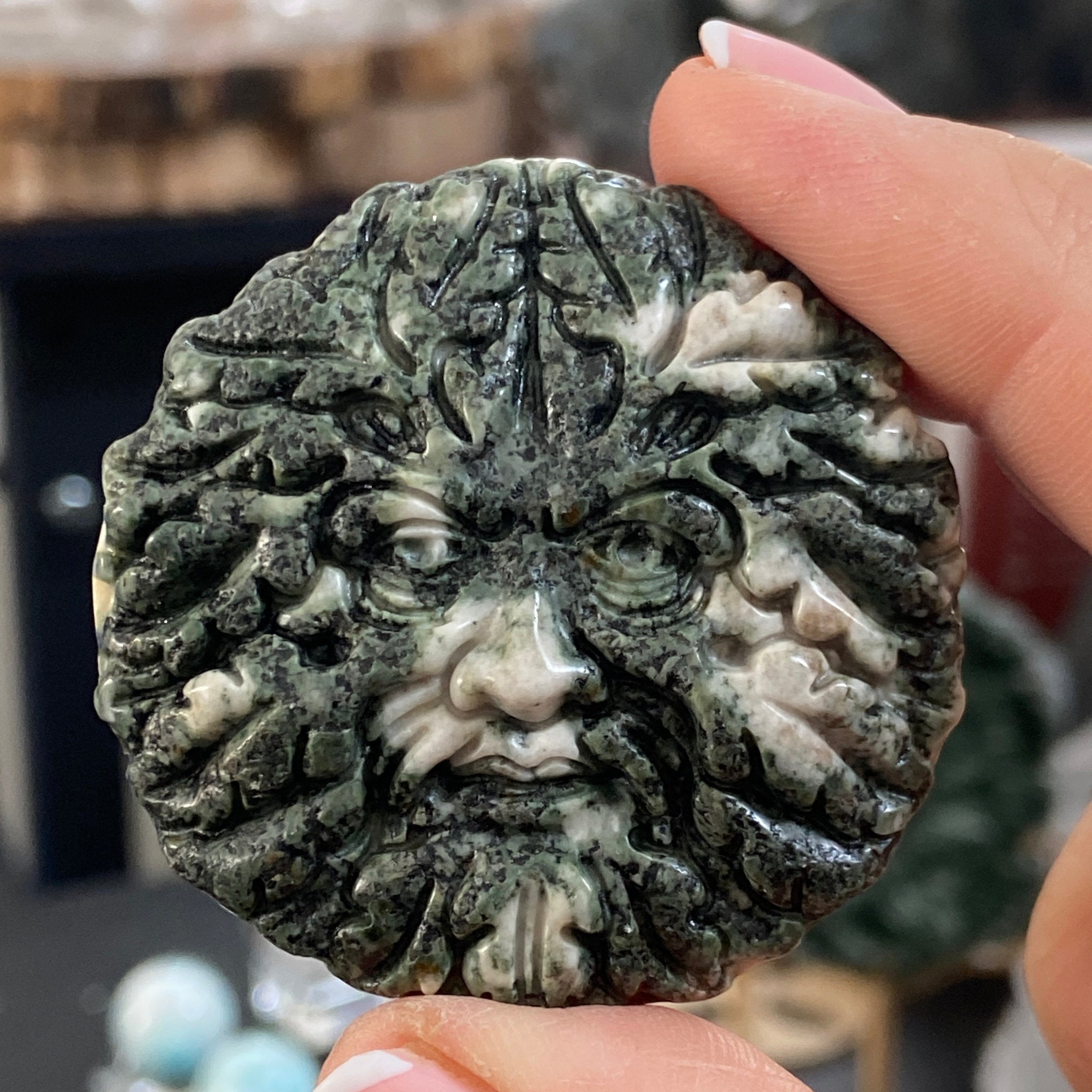 Preseli Bluestone Green Man Carved Palmstone - Stonehendge