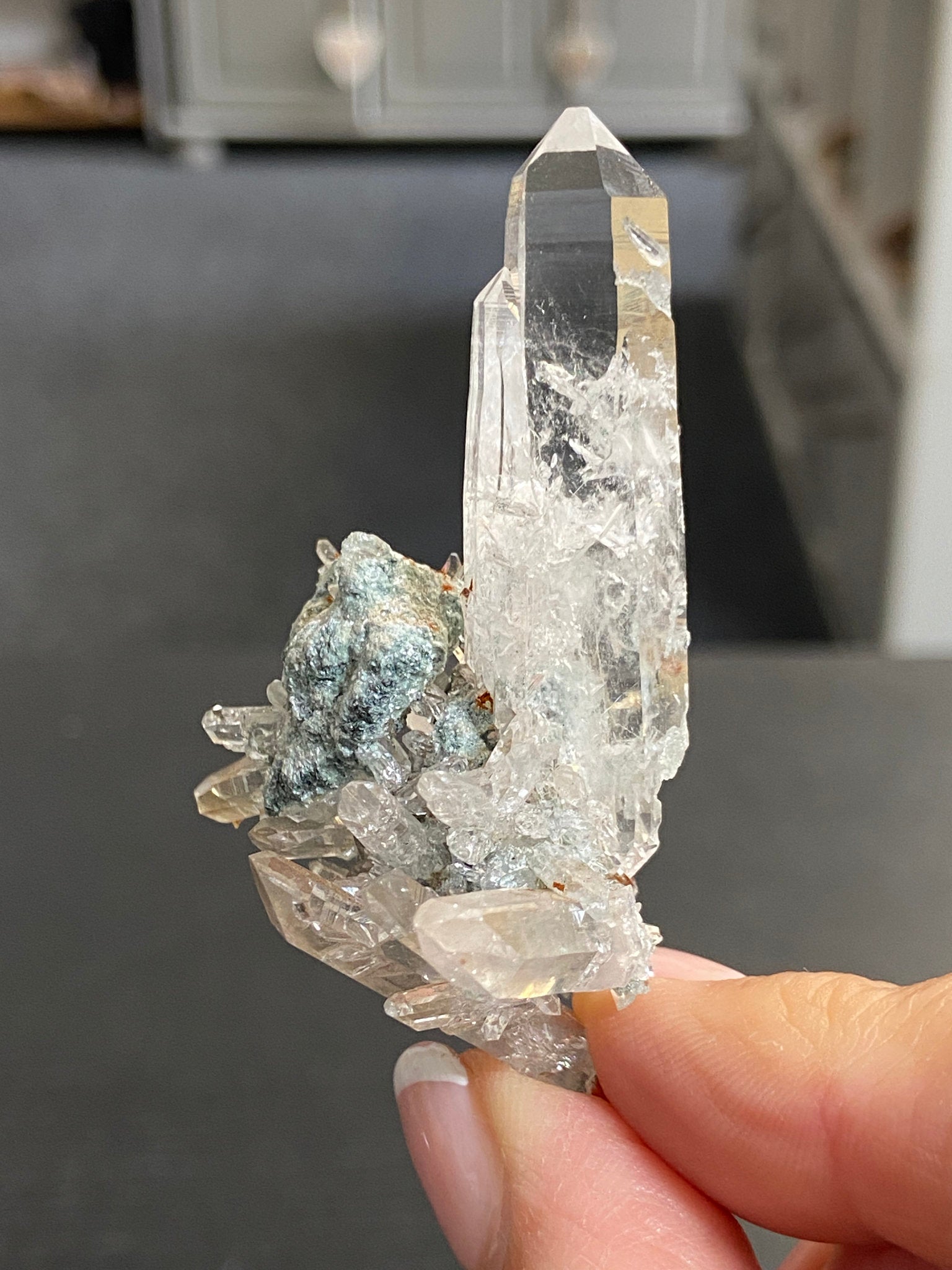 “Gucci Lemurian” Lemurian Light Quartz Cluster with Fuchsite