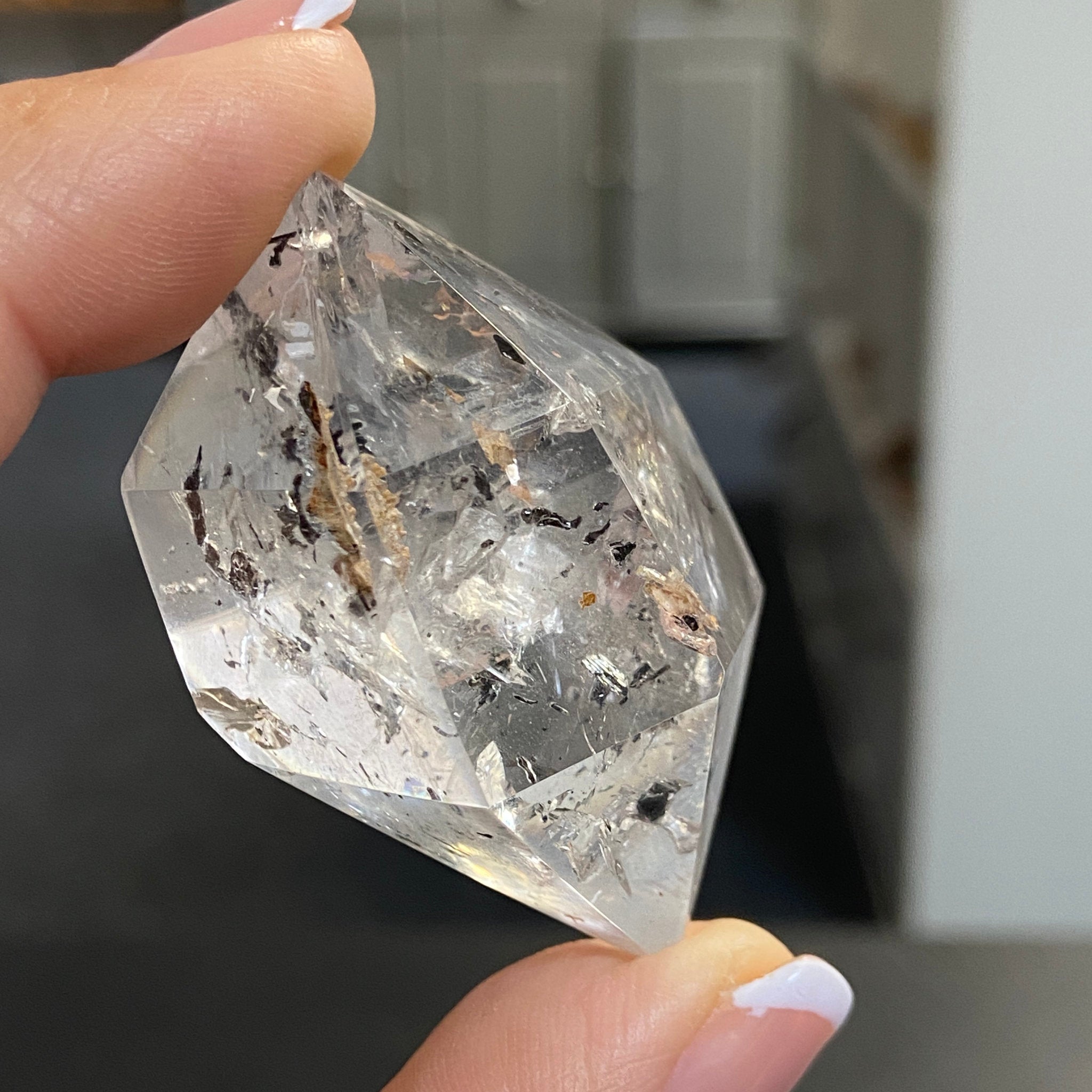 Double Terminated Enhydro Quartz with Falling Carbon Sand