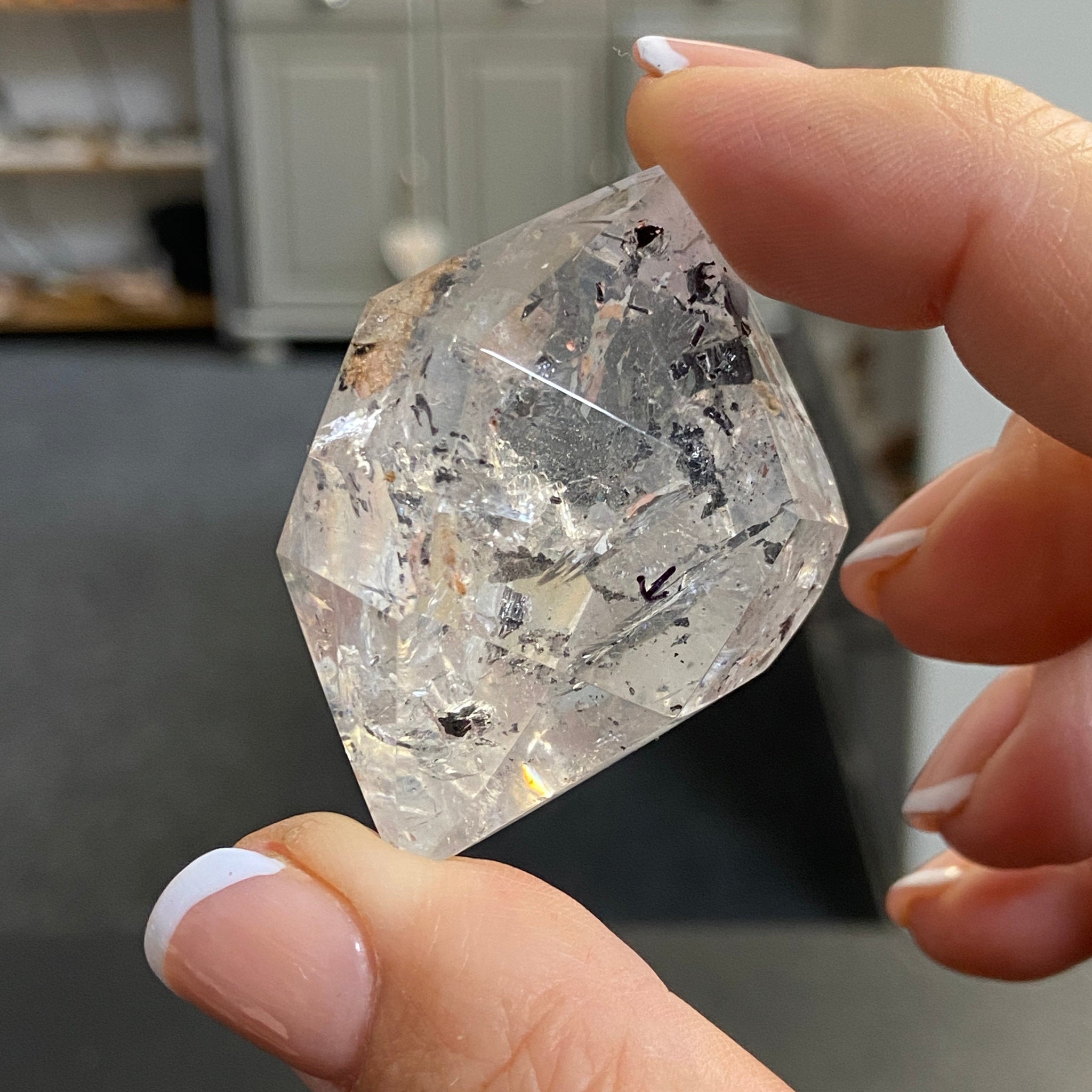 Double Terminated Enhydro Quartz with Falling Carbon Sand
