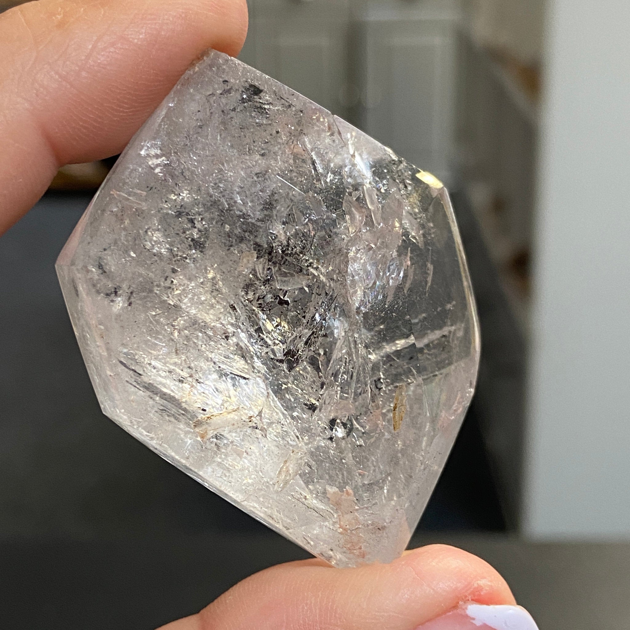 Double Terminated Enhydro Quartz with Falling Carbon Sand