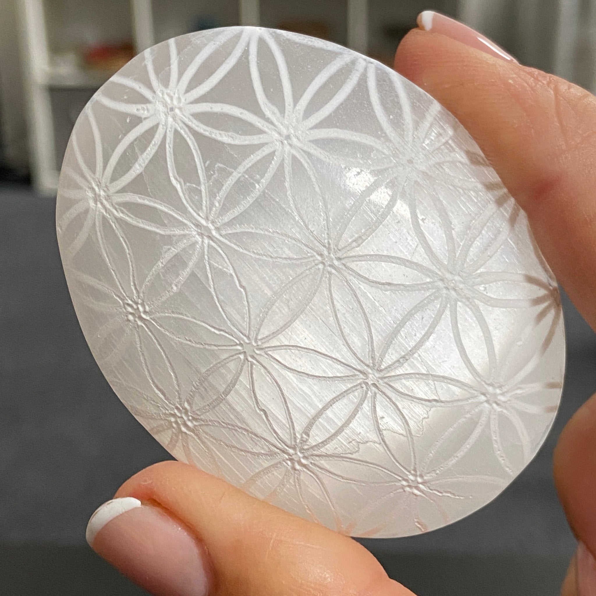 Flower of Life Selenite Palmstone – Morocco