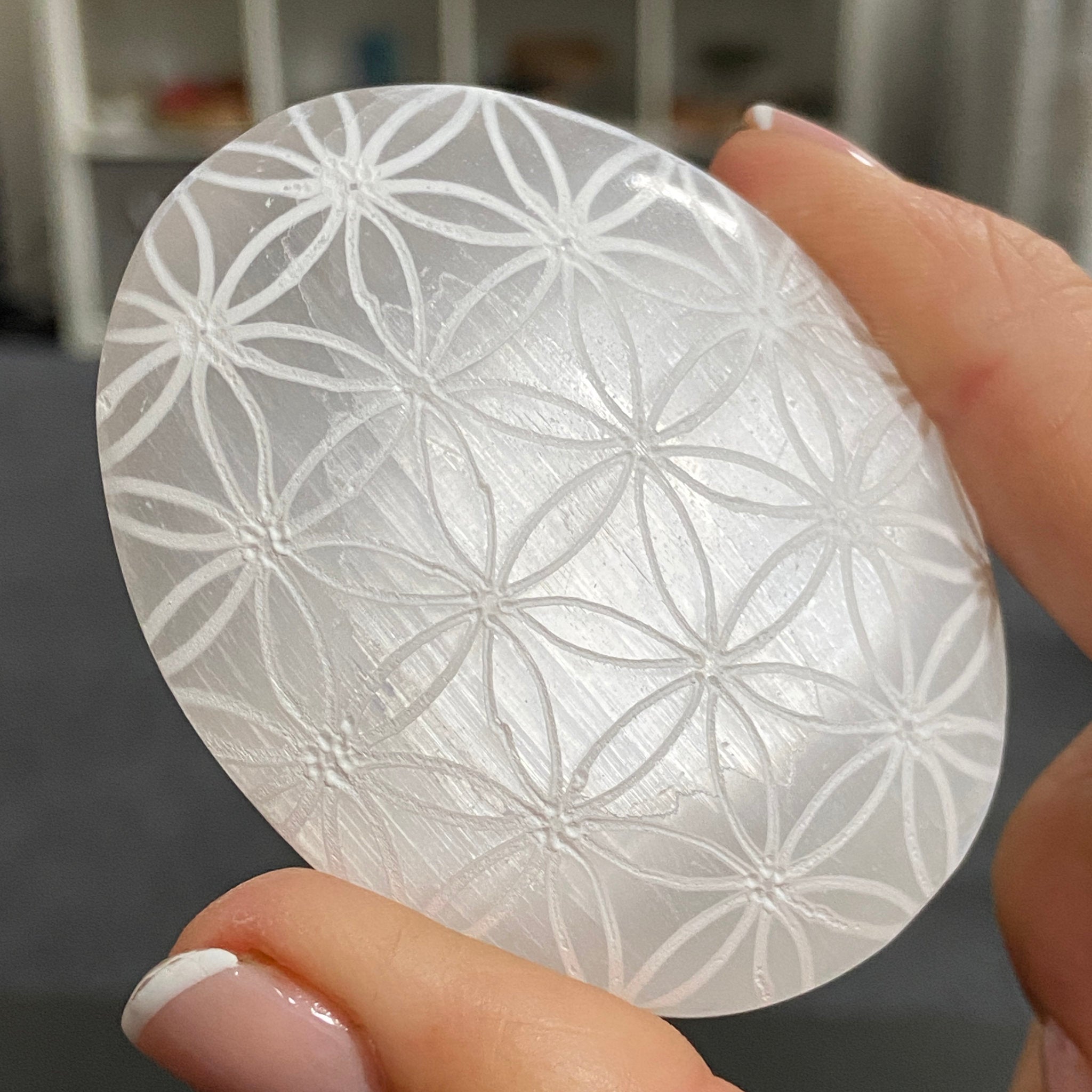 Flower of Life Selenite Palmstone – Morocco