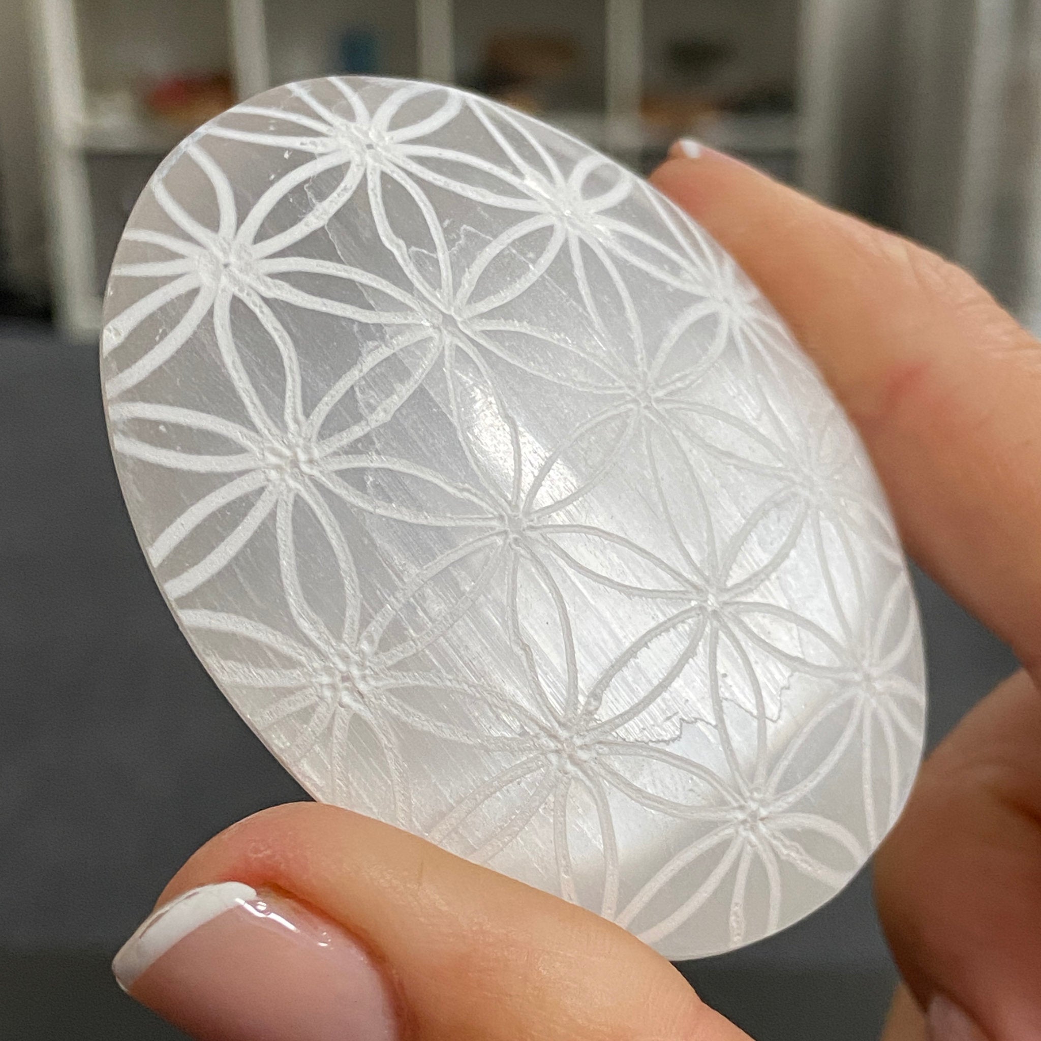 Flower of Life Selenite Palmstone – Morocco