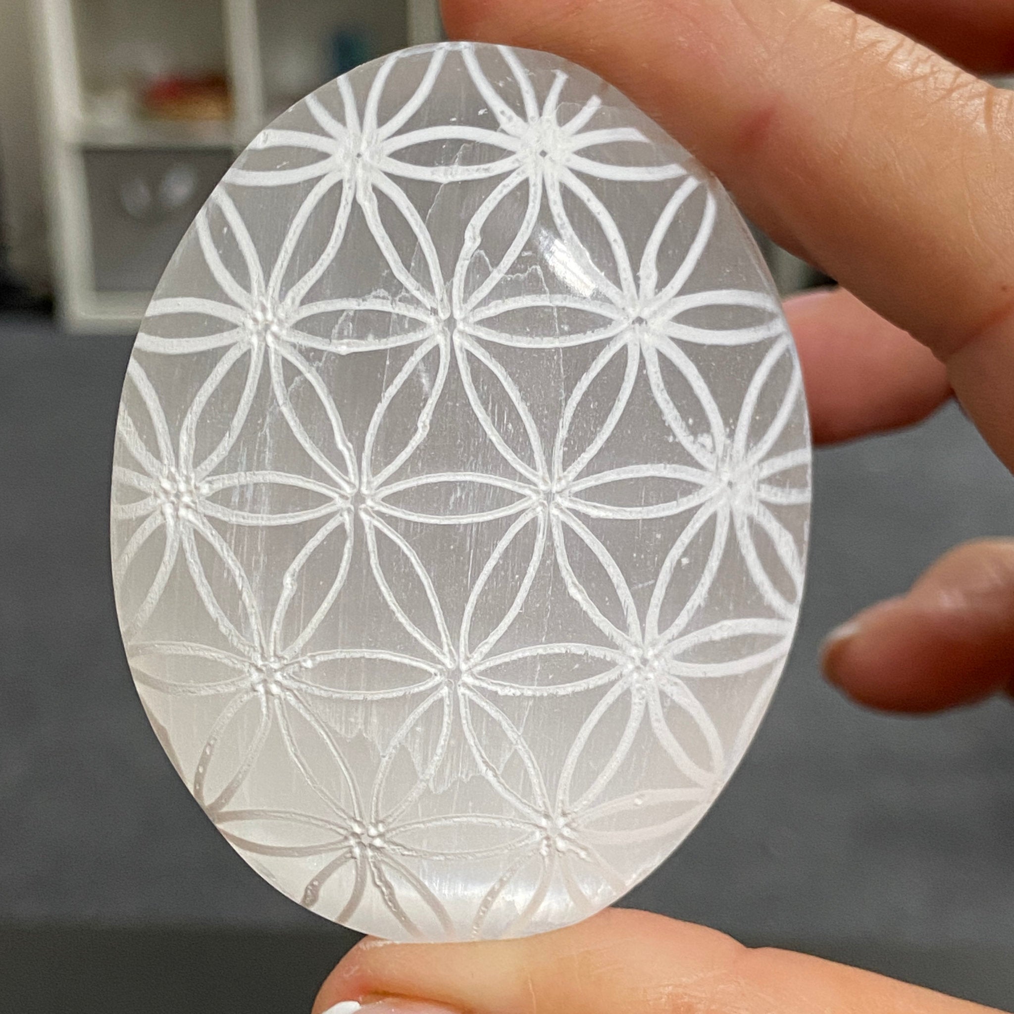 Flower of Life Selenite Palmstone – Morocco