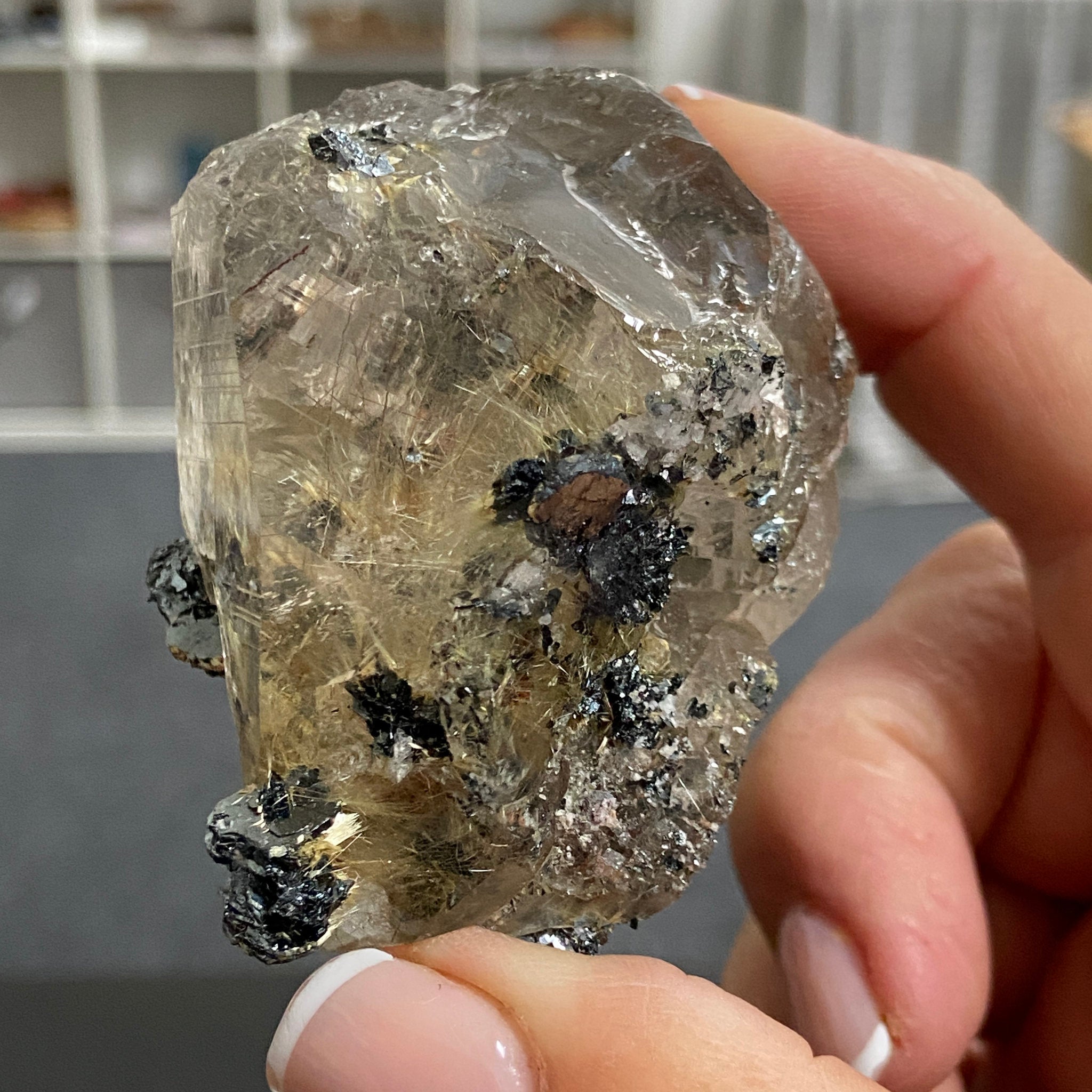 Smoky Quartz with Golden Rutile & Metallic Hematite – Brazil