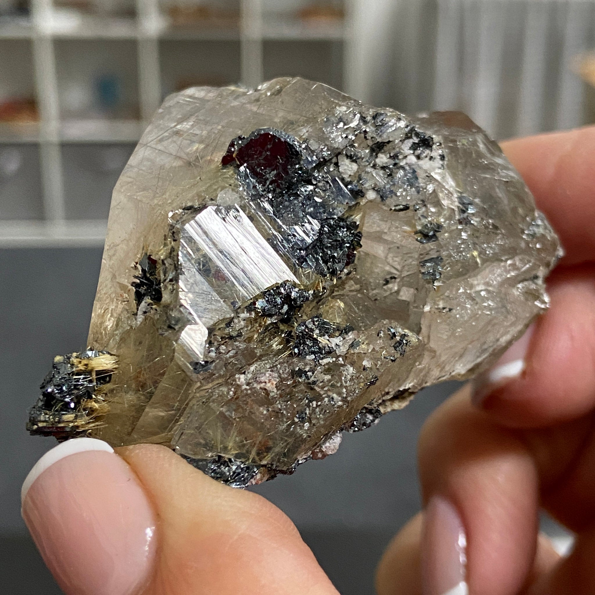 Smoky Quartz with Golden Rutile & Metallic Hematite – Brazil