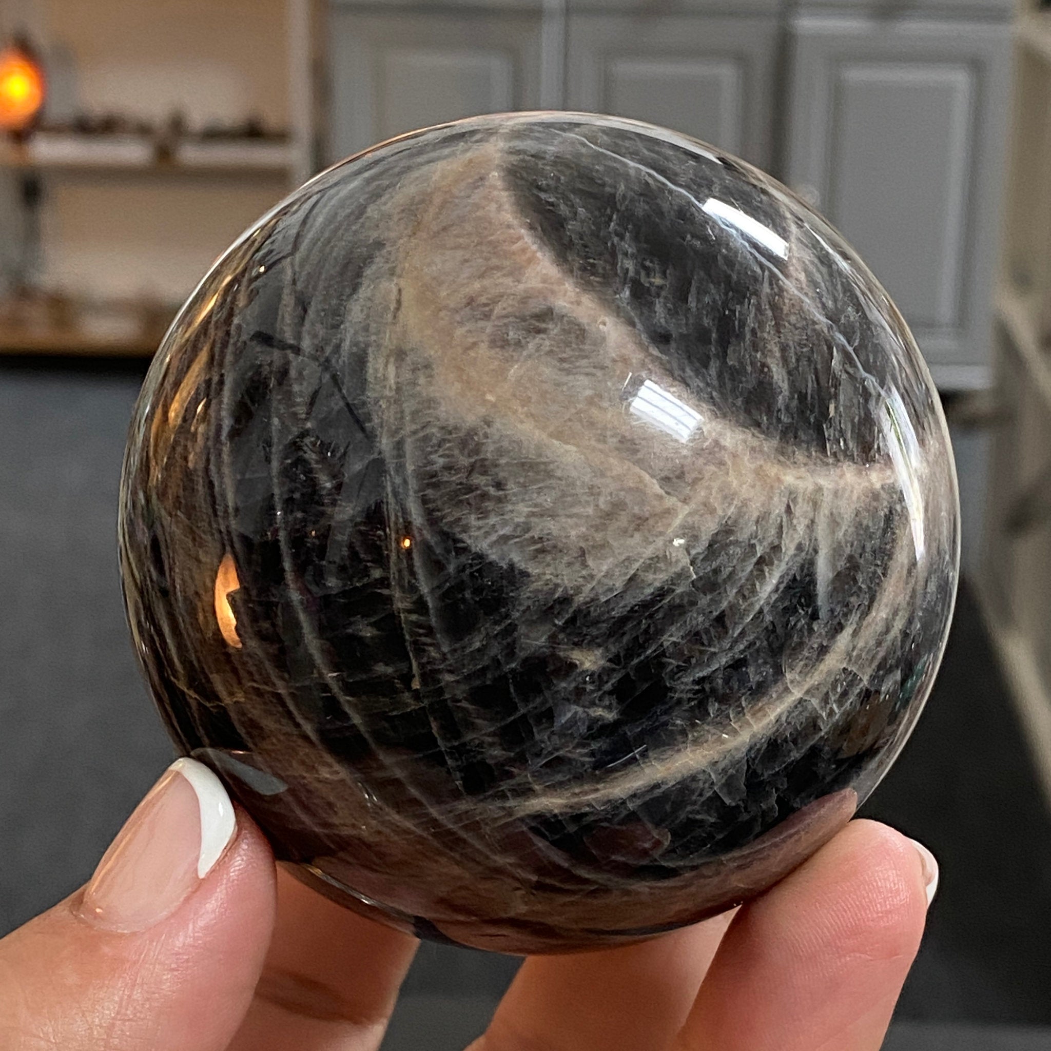 🌑 Black Moonstone Sphere – Madagascar