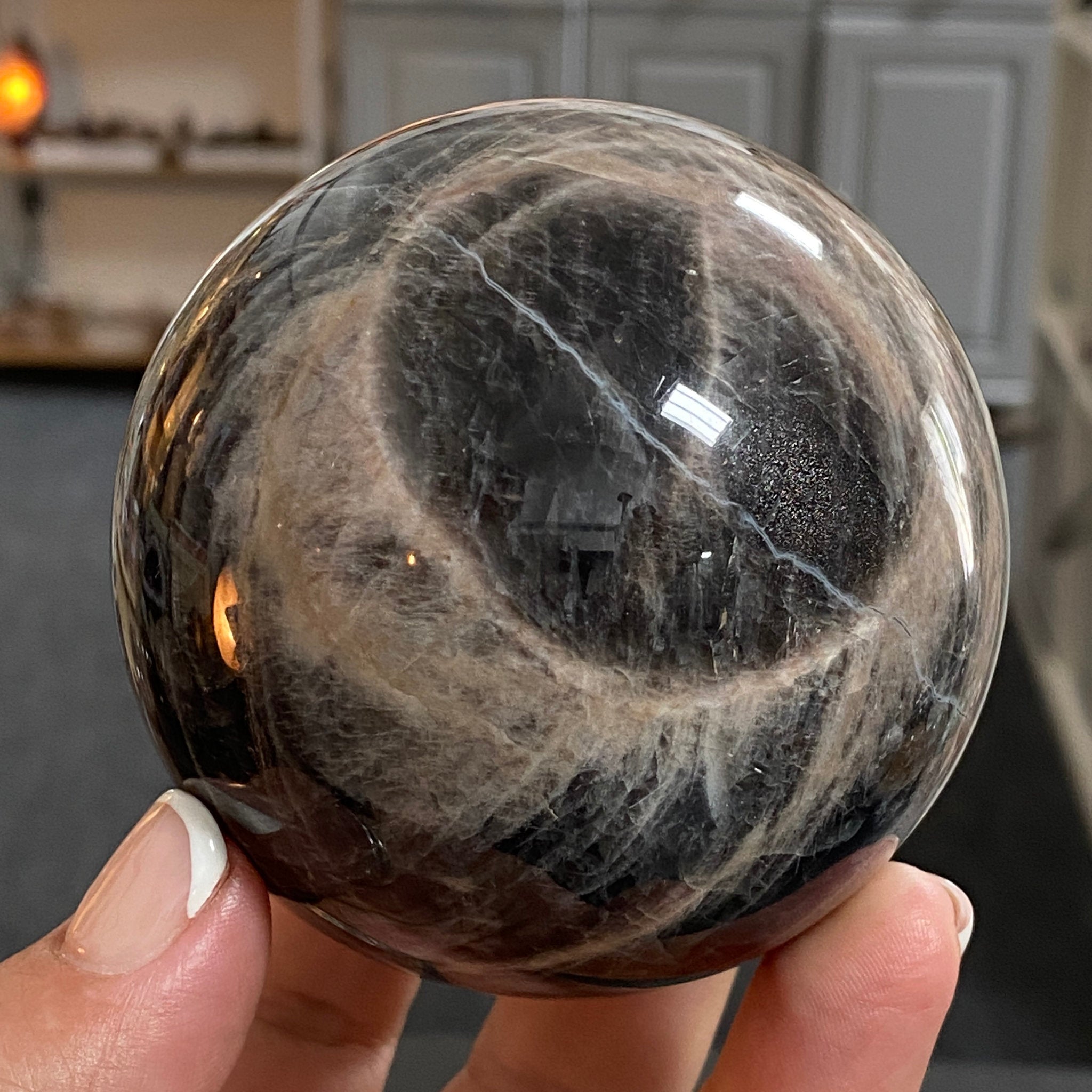 🌑 Black Moonstone Sphere – Madagascar