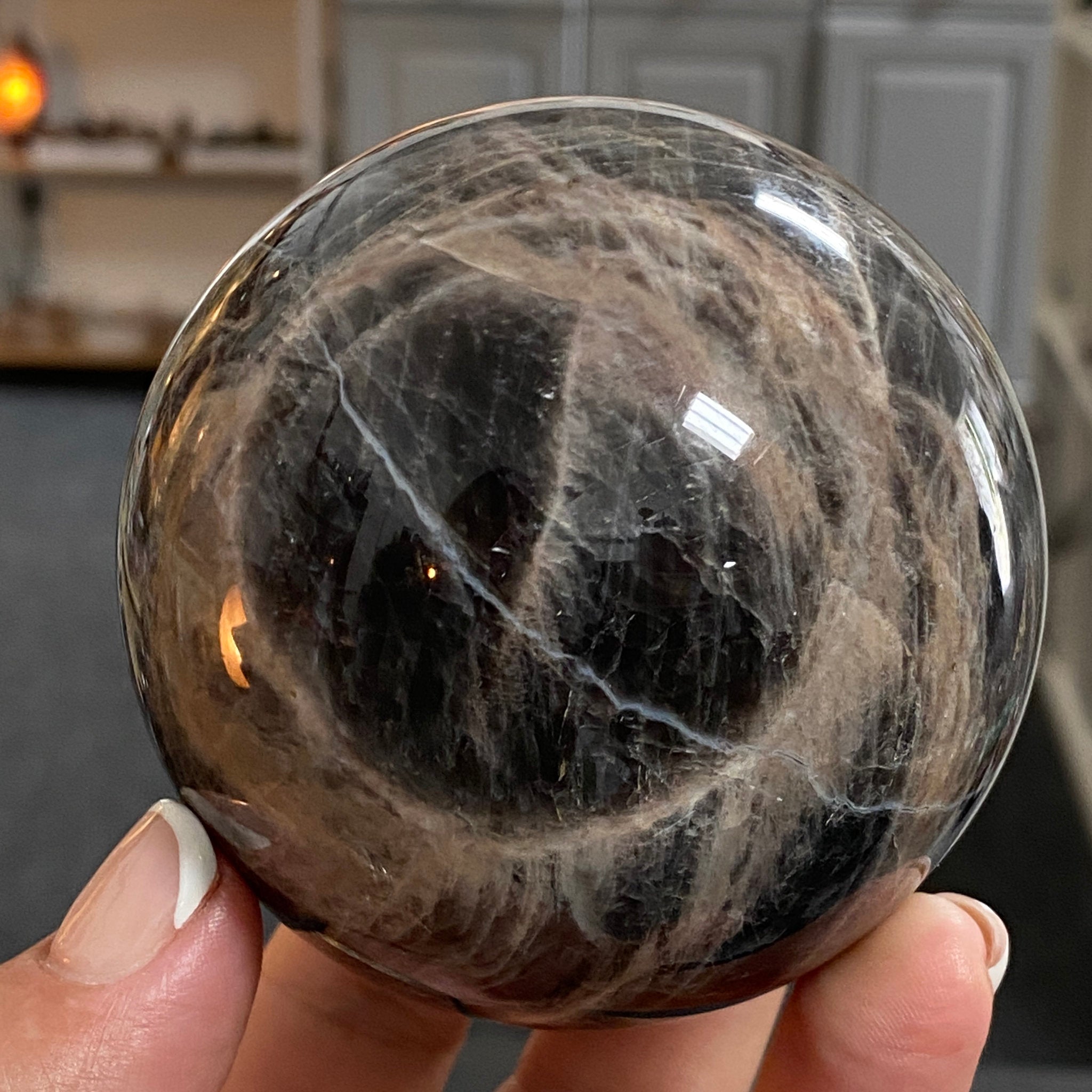 🌑 Black Moonstone Sphere – Madagascar