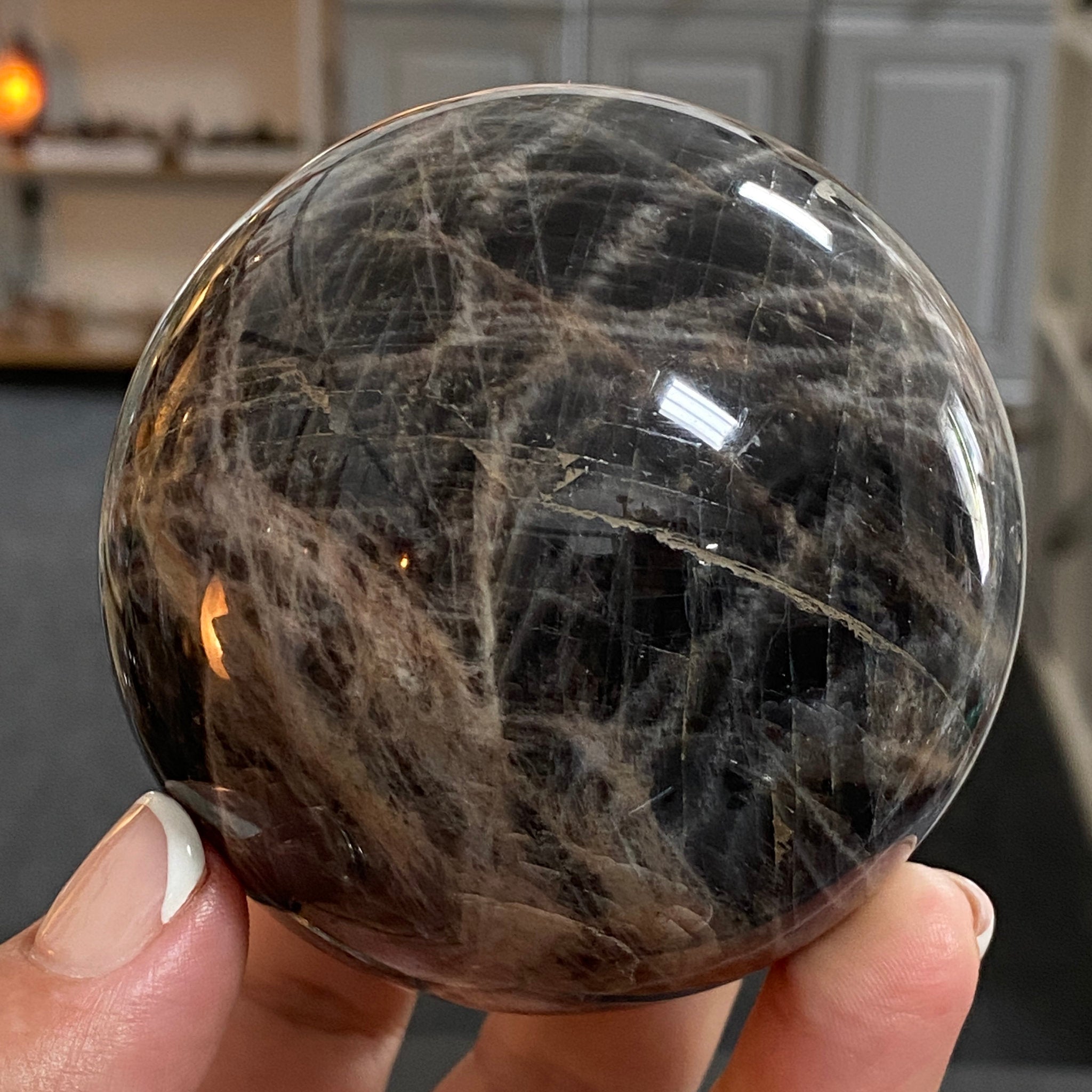 🌑 Black Moonstone Sphere – Madagascar