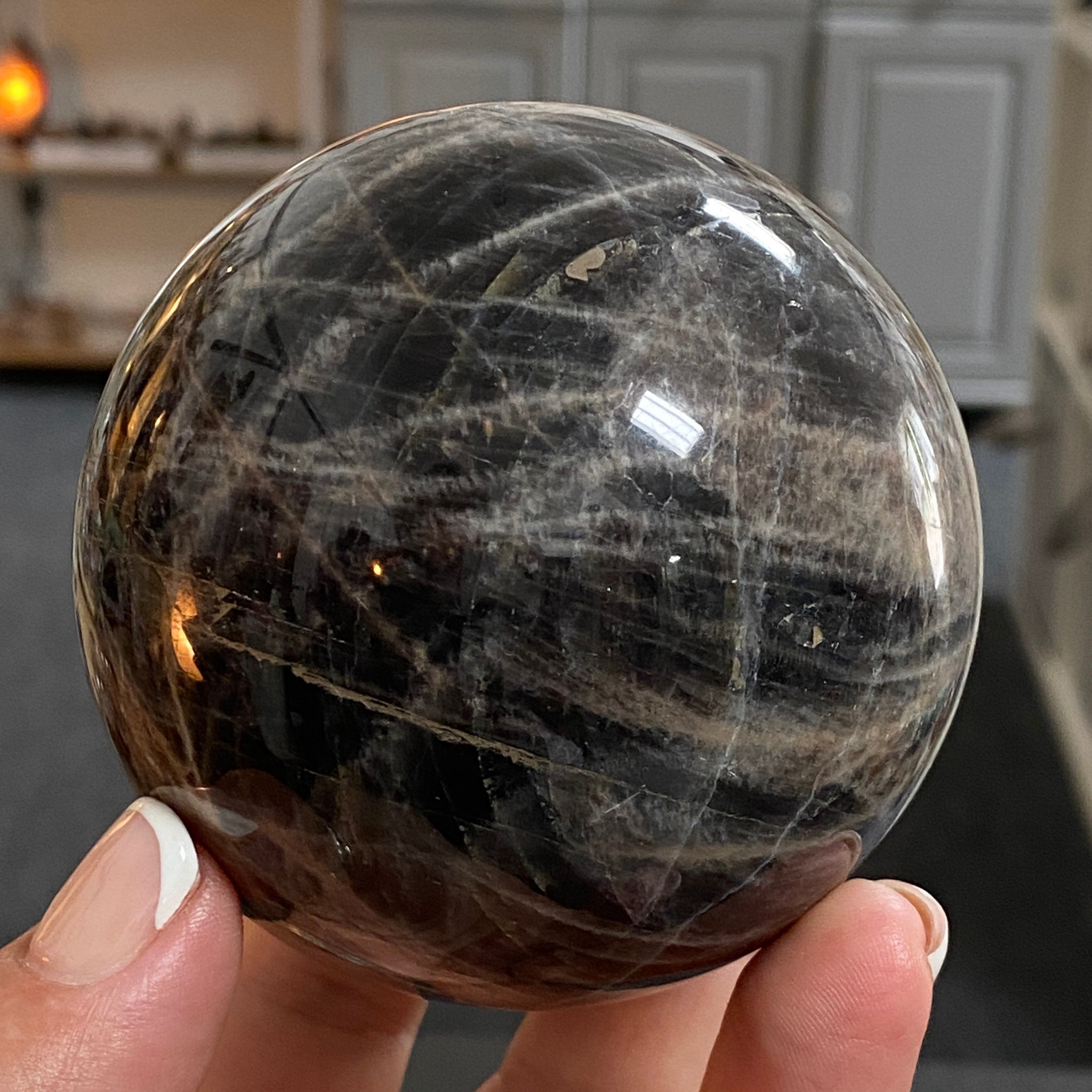 🌑 Black Moonstone Sphere – Madagascar