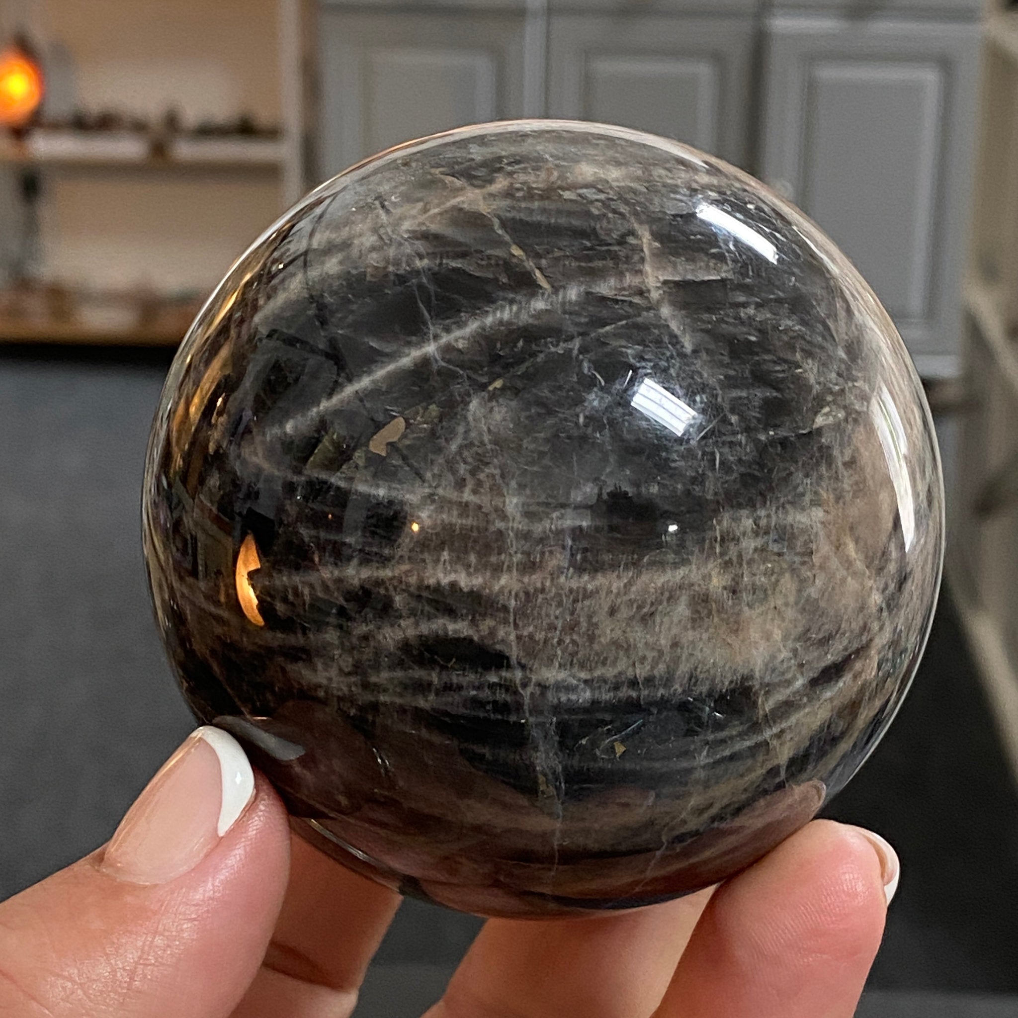 🌑 Black Moonstone Sphere – Madagascar