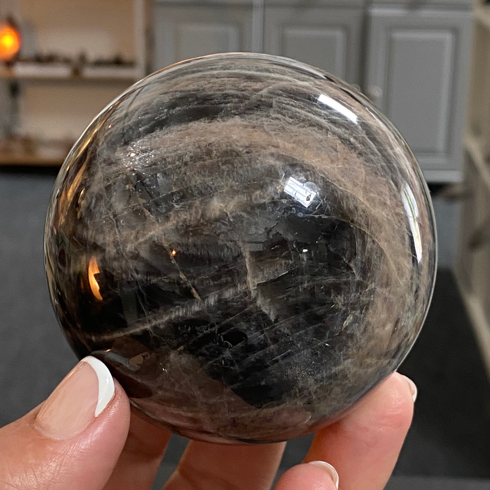 🌑 Black Moonstone Sphere – Madagascar