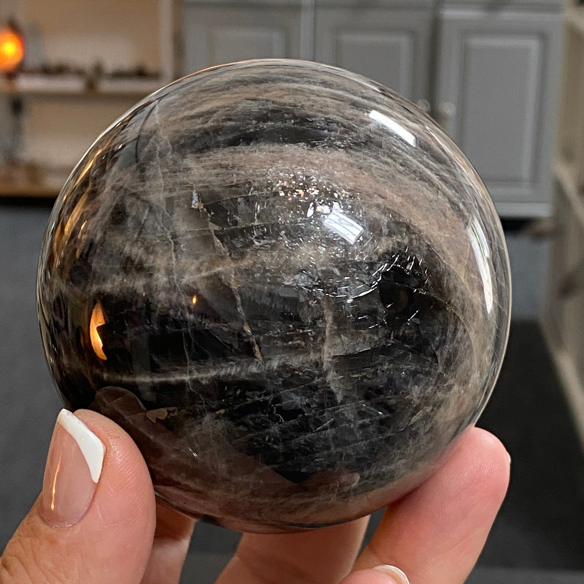 🌑 Black Moonstone Sphere – Madagascar