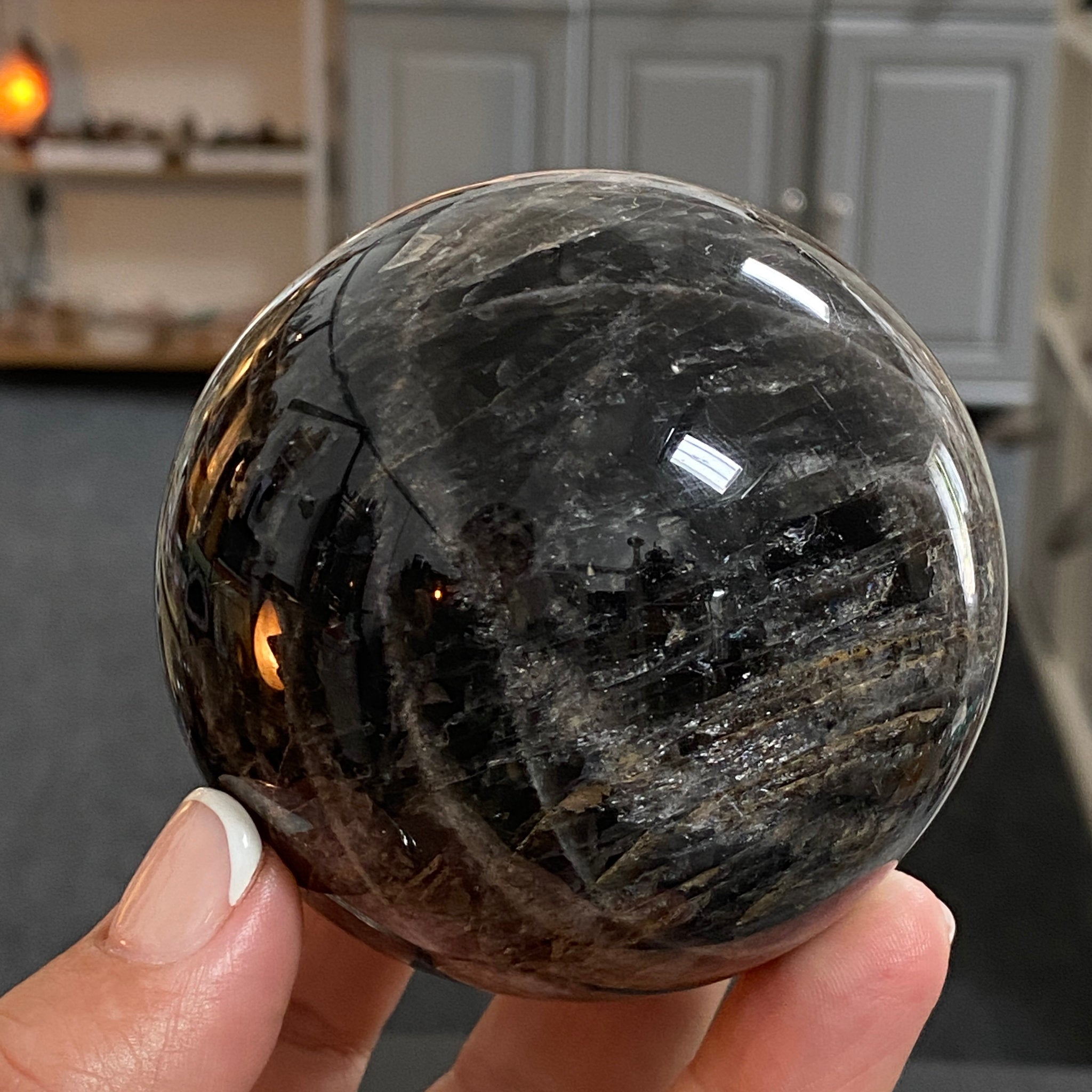 🌑 Black Moonstone Sphere – Madagascar