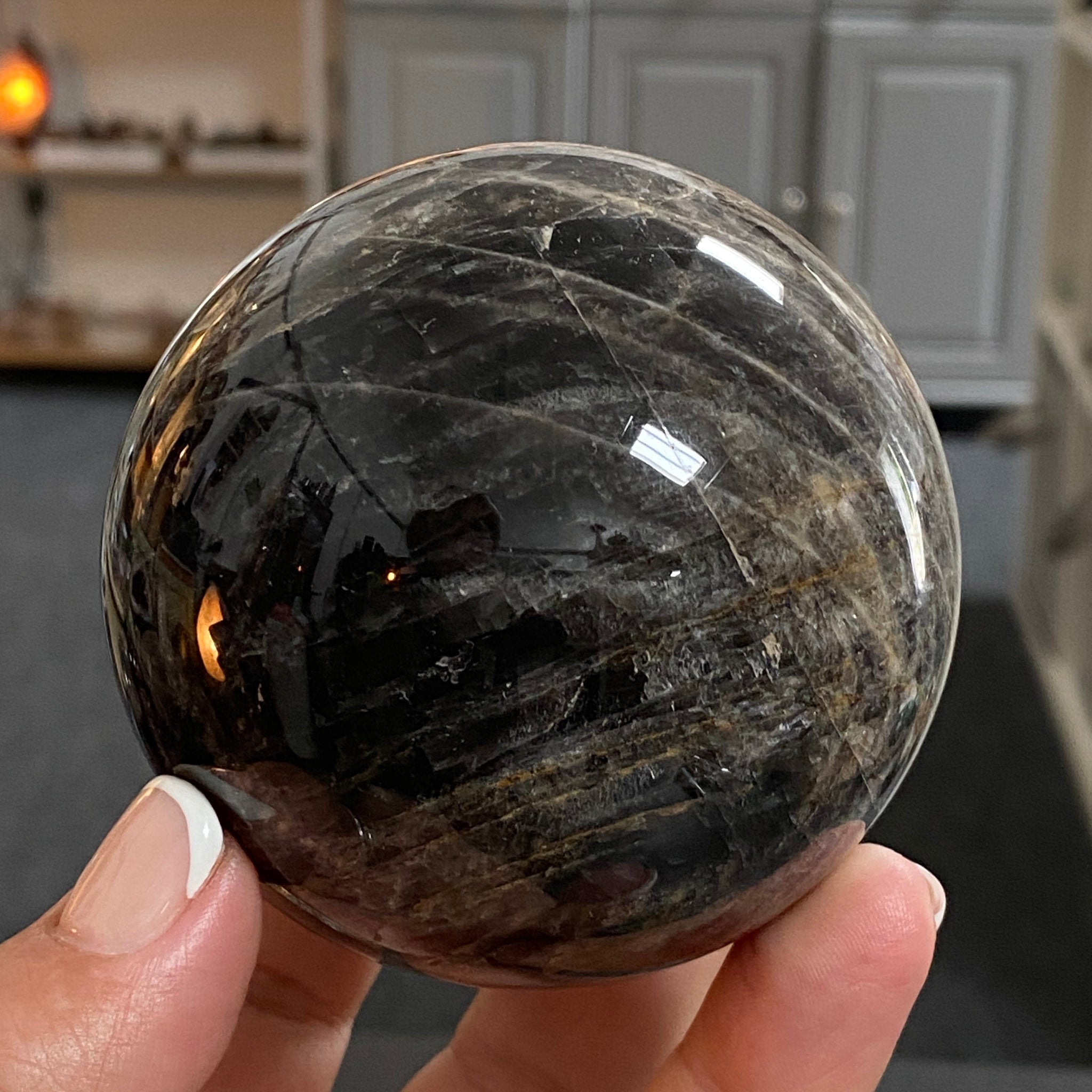 🌑 Black Moonstone Sphere – Madagascar