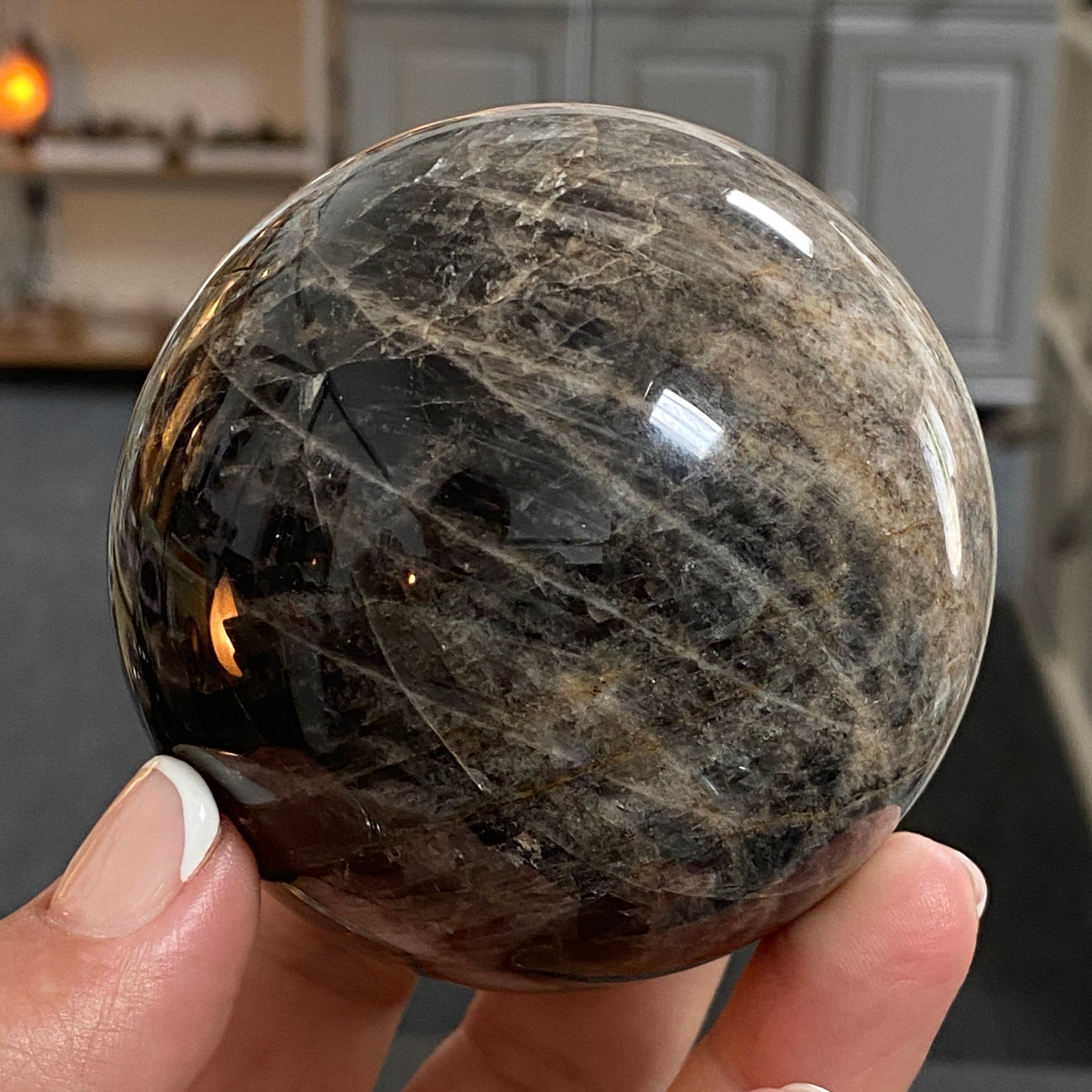 🌑 Black Moonstone Sphere – Madagascar