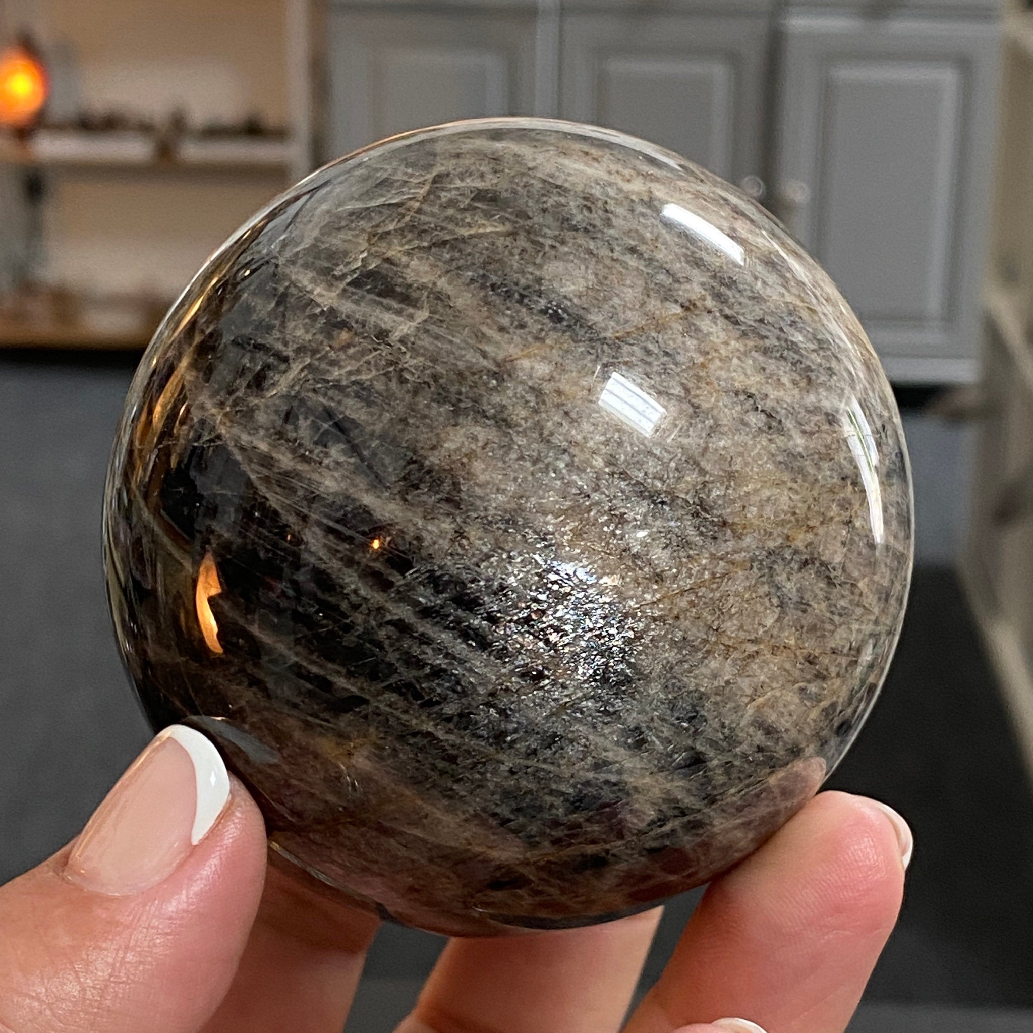 🌑 Black Moonstone Sphere – Madagascar
