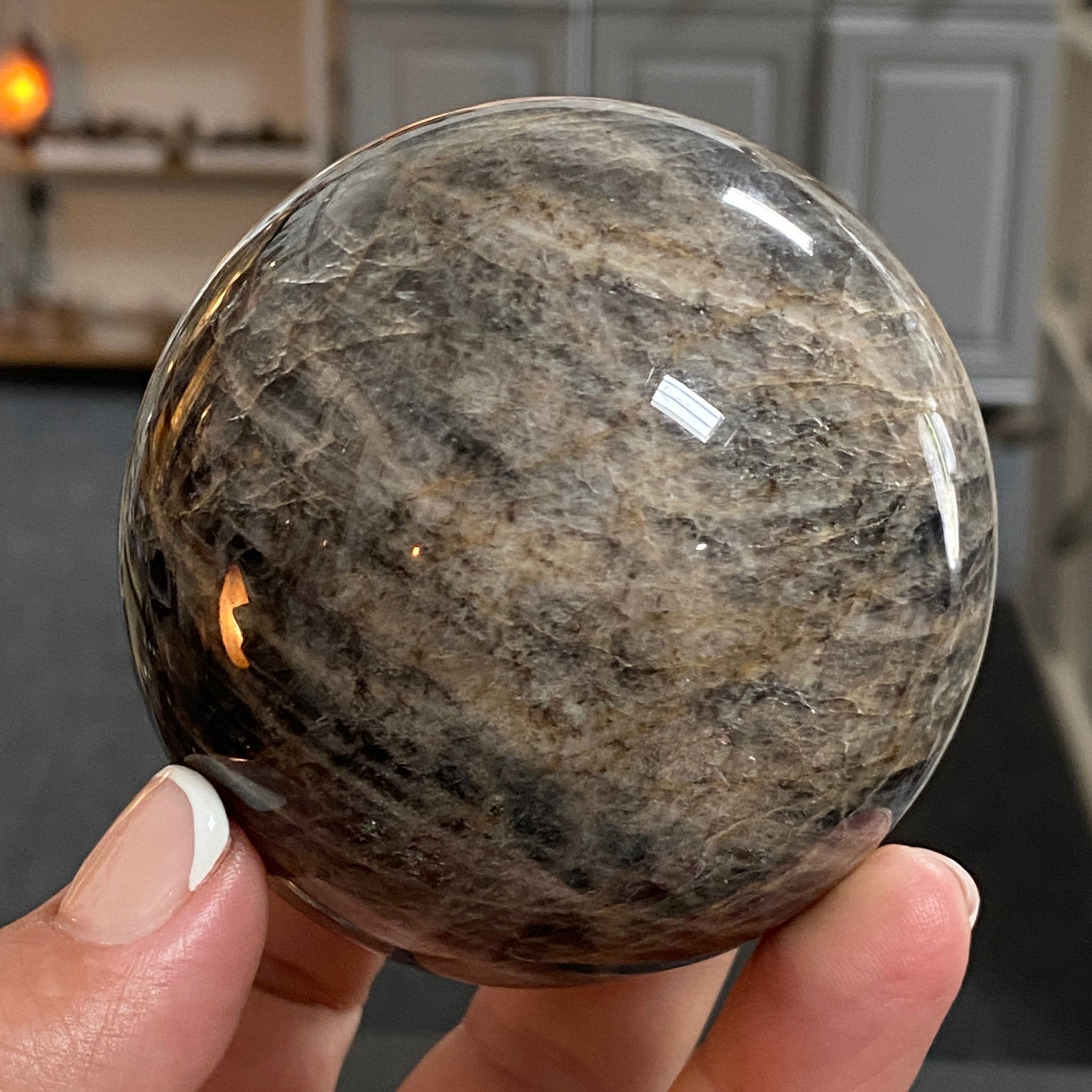🌑 Black Moonstone Sphere – Madagascar