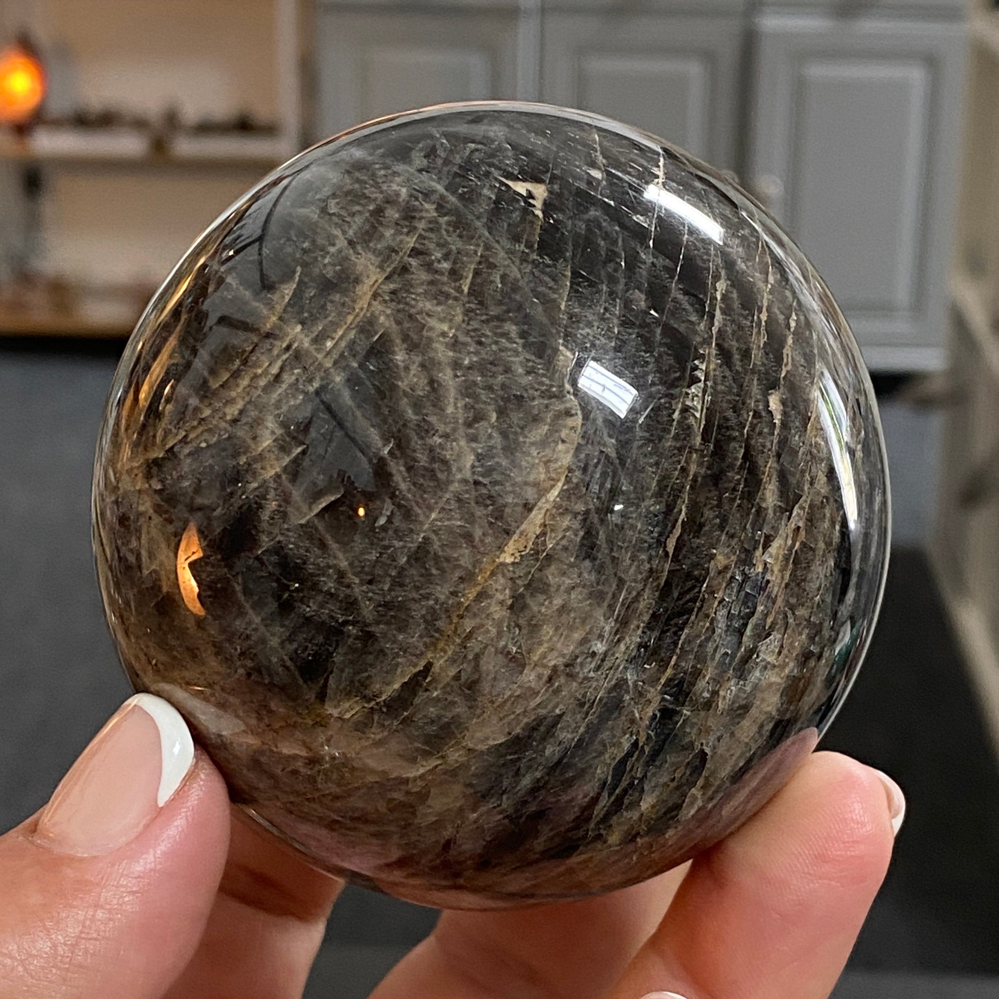 🌑 Black Moonstone Sphere – Madagascar