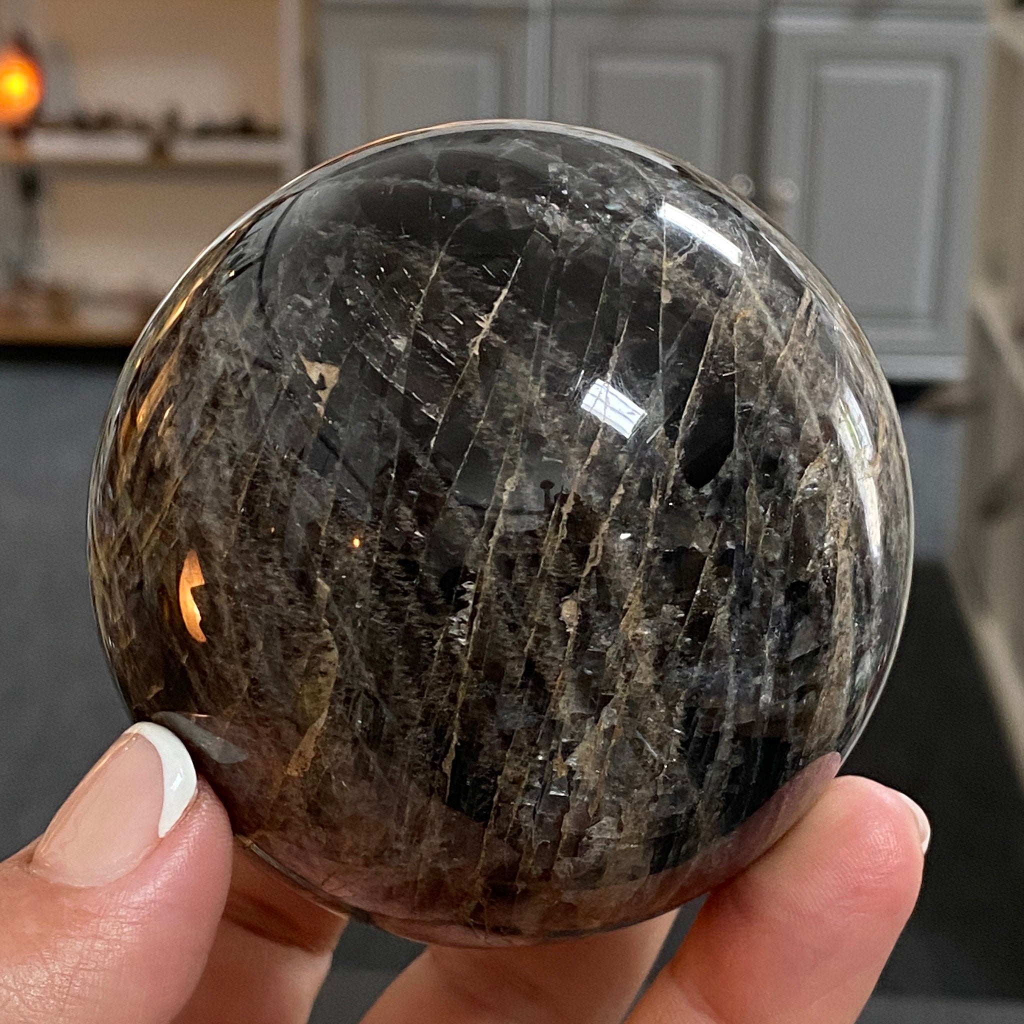 🌑 Black Moonstone Sphere – Madagascar
