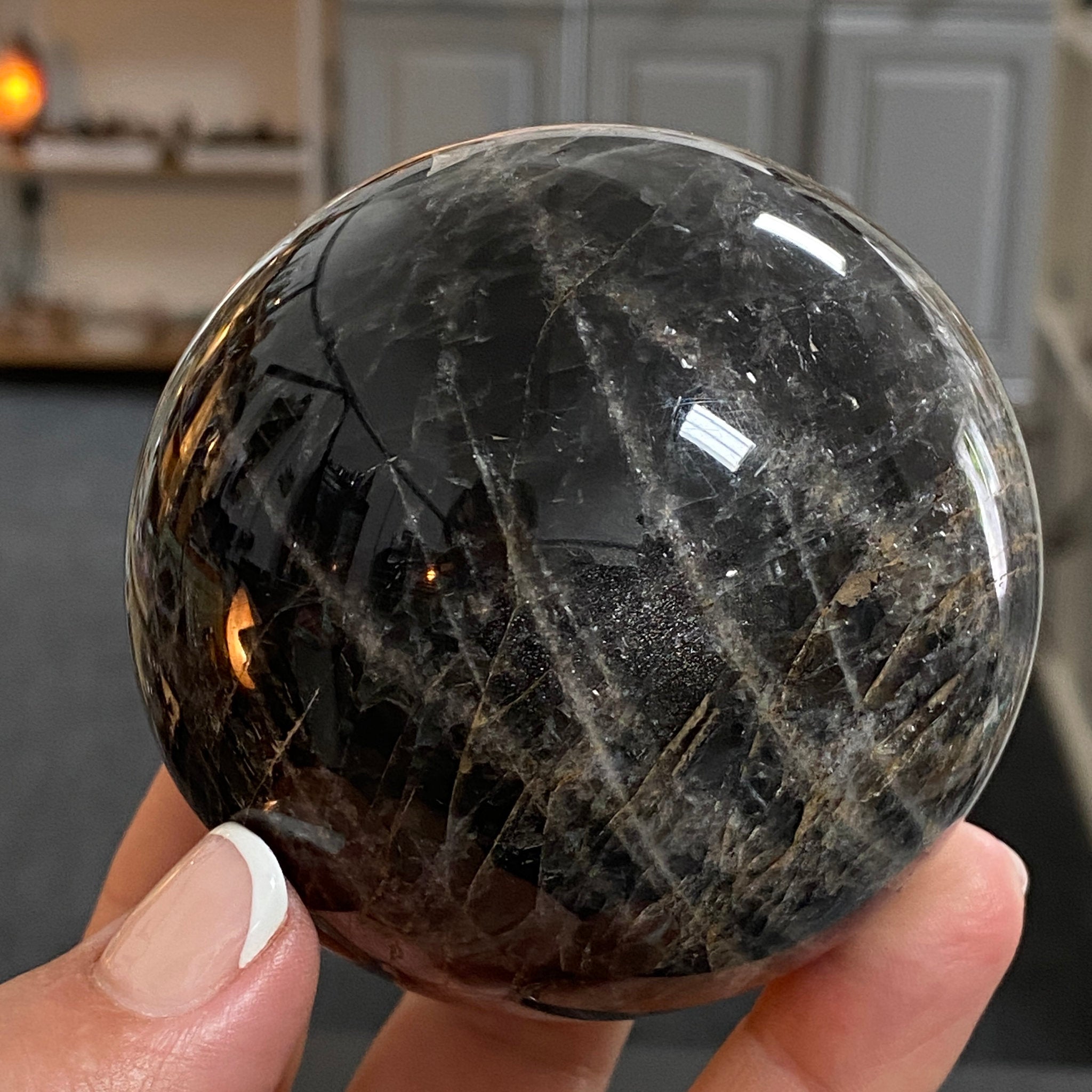 🌑 Black Moonstone Sphere – Madagascar