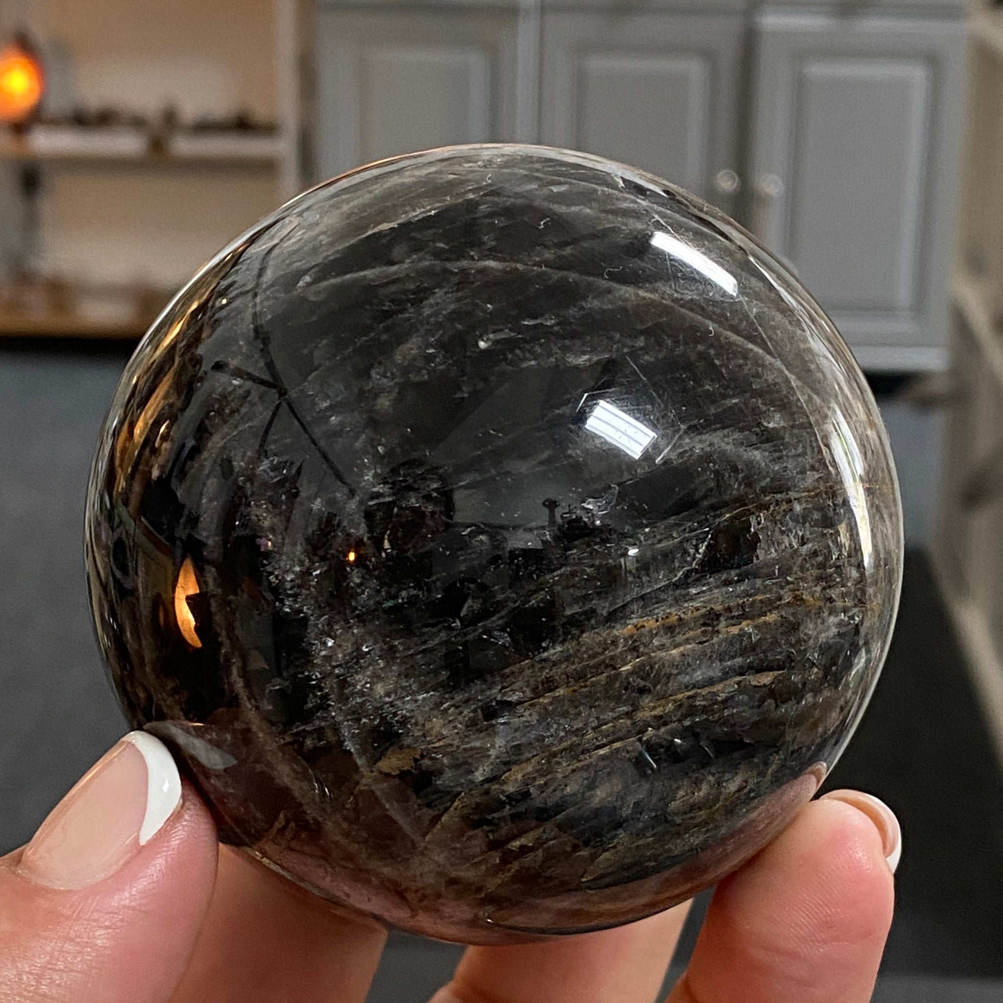 🌑 Black Moonstone Sphere – Madagascar