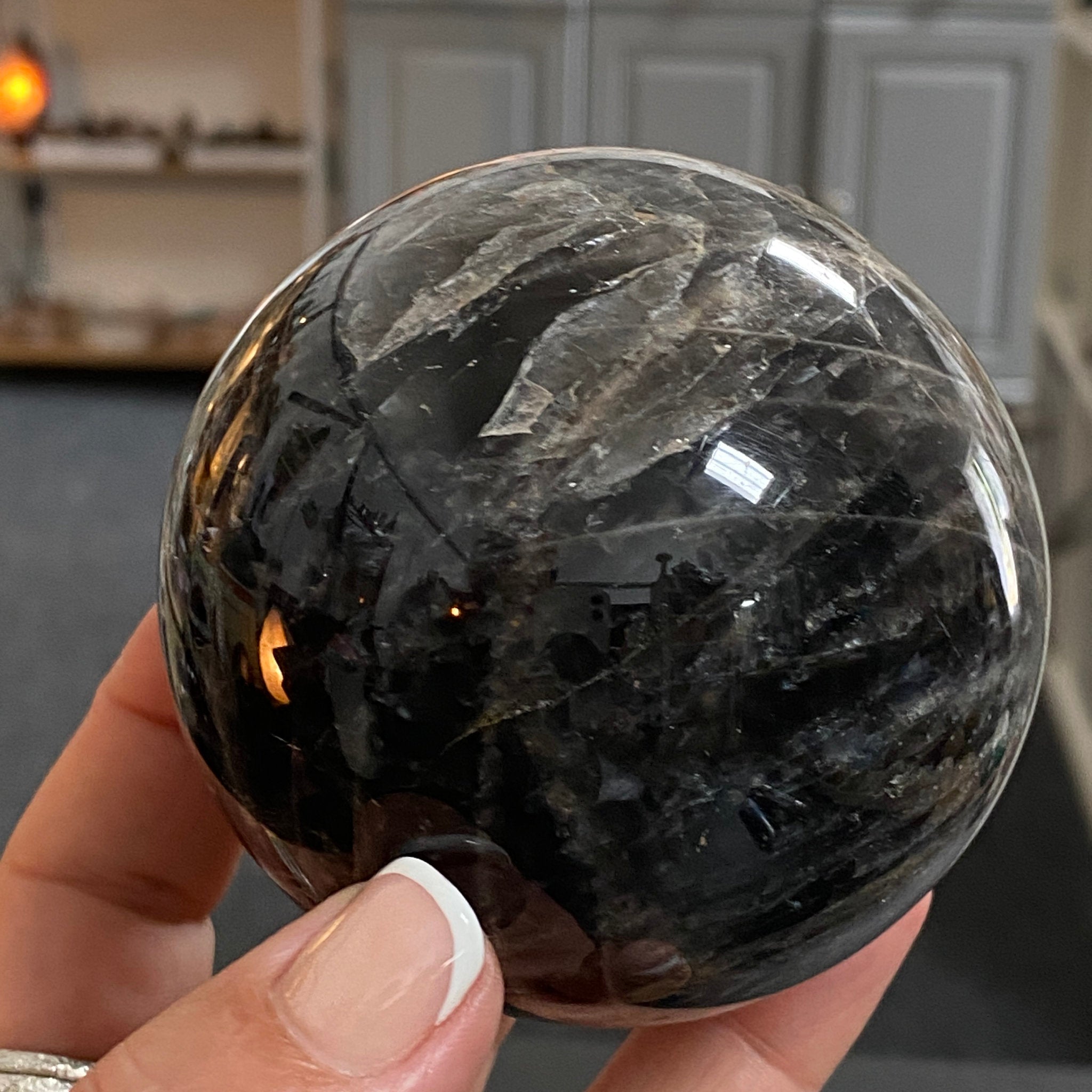 🌑 Black Moonstone Sphere – Madagascar