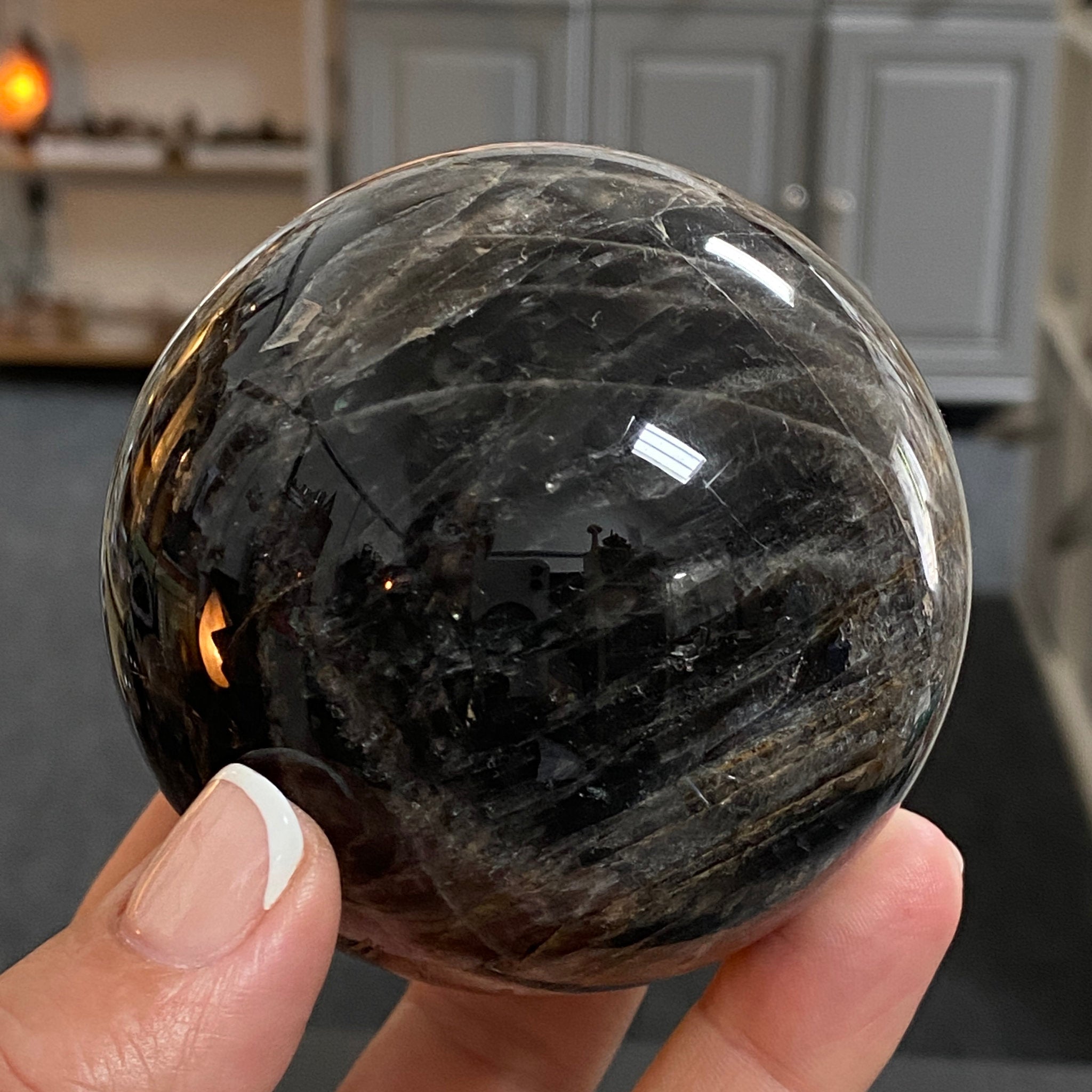 🌑 Black Moonstone Sphere – Madagascar