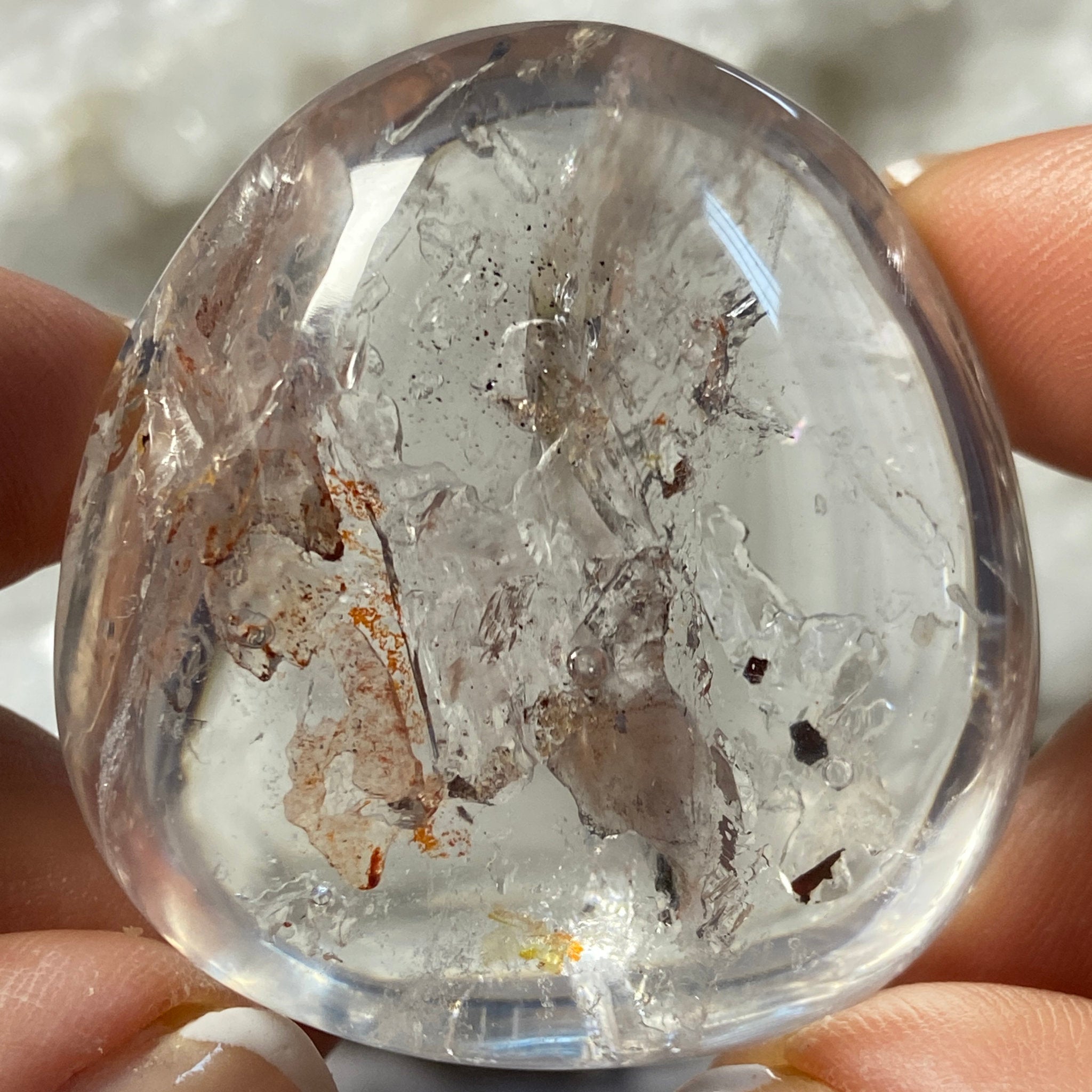 Clear Quartz Freeform with Enhydro, Carbon Splinters and Falling Sand