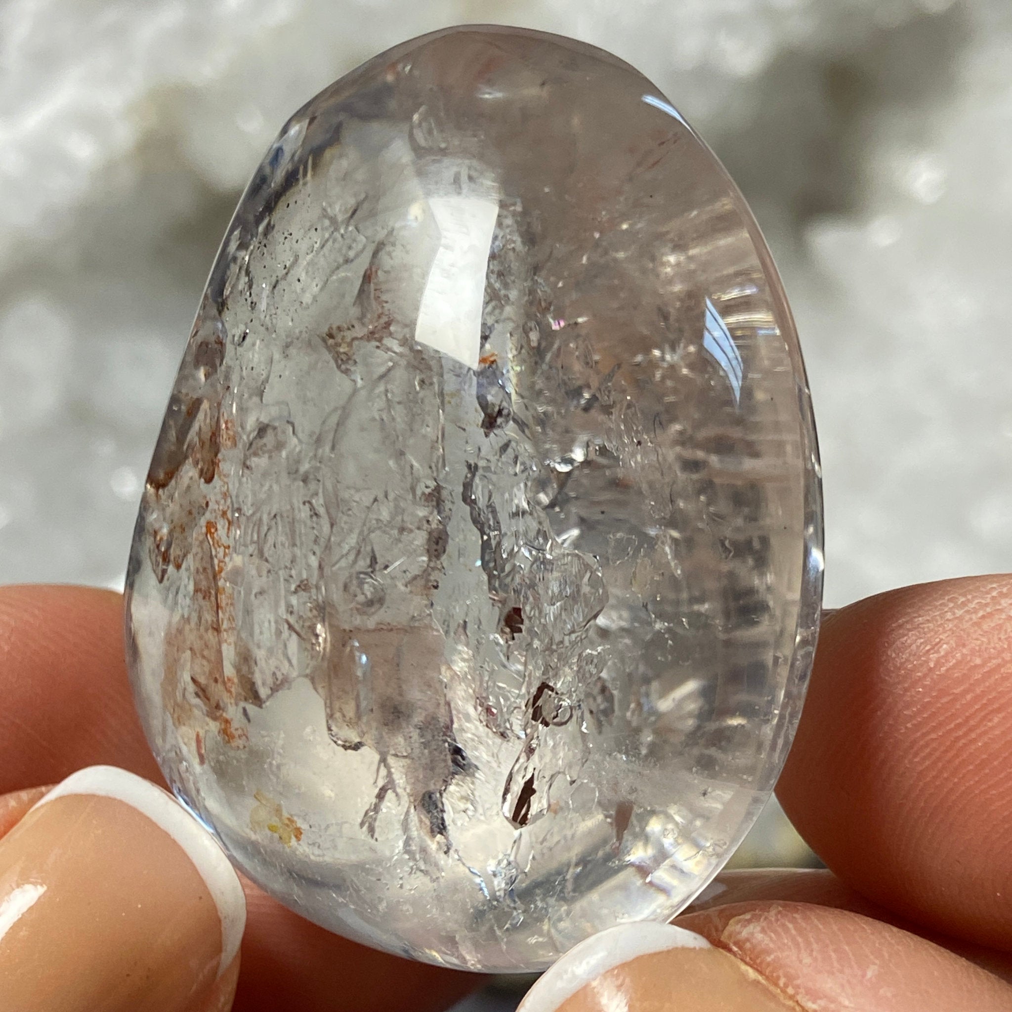 Clear Quartz Freeform with Enhydro, Carbon Splinters and Falling Sand