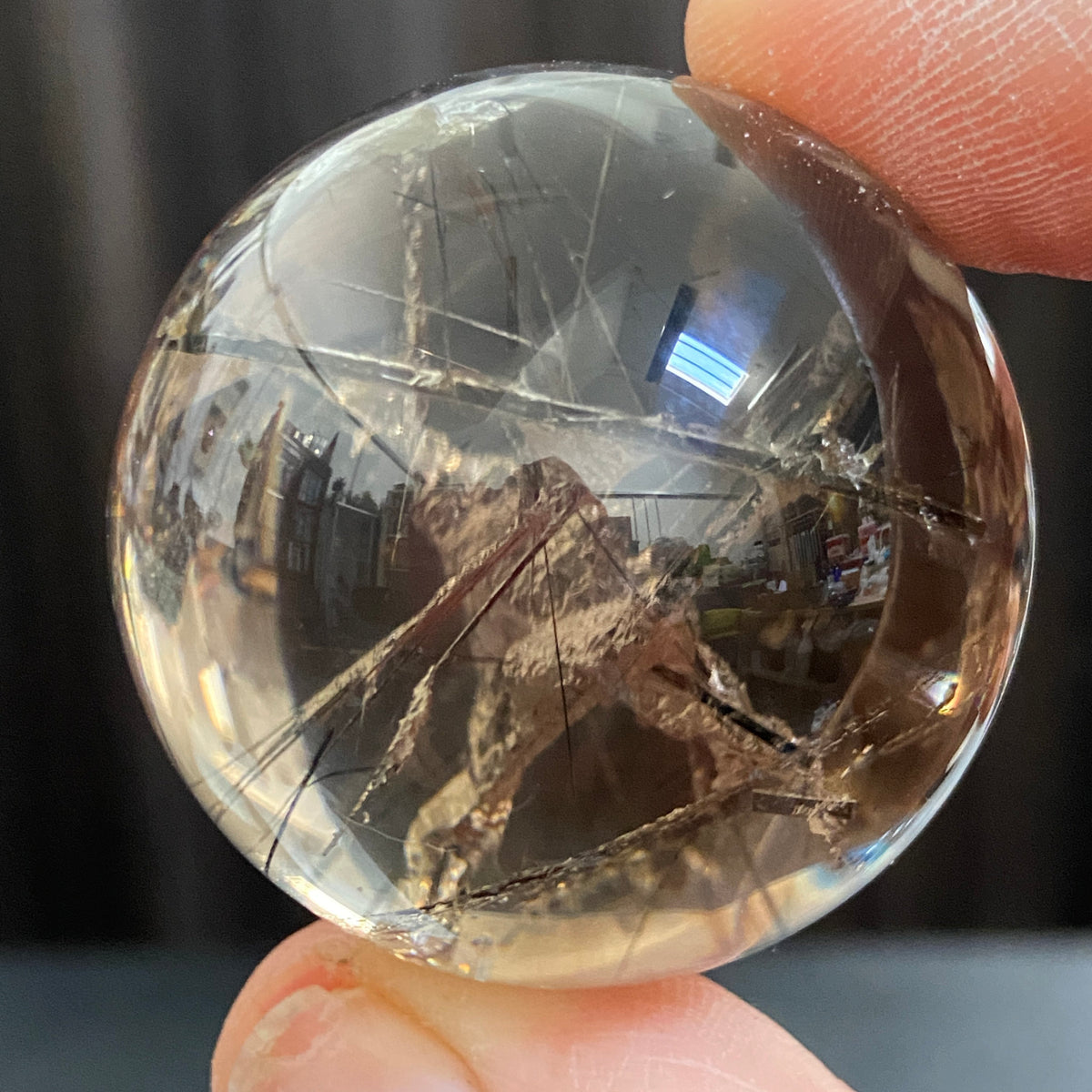 Smoky Quartz Sphere with Black Tourmaline and Pyrite