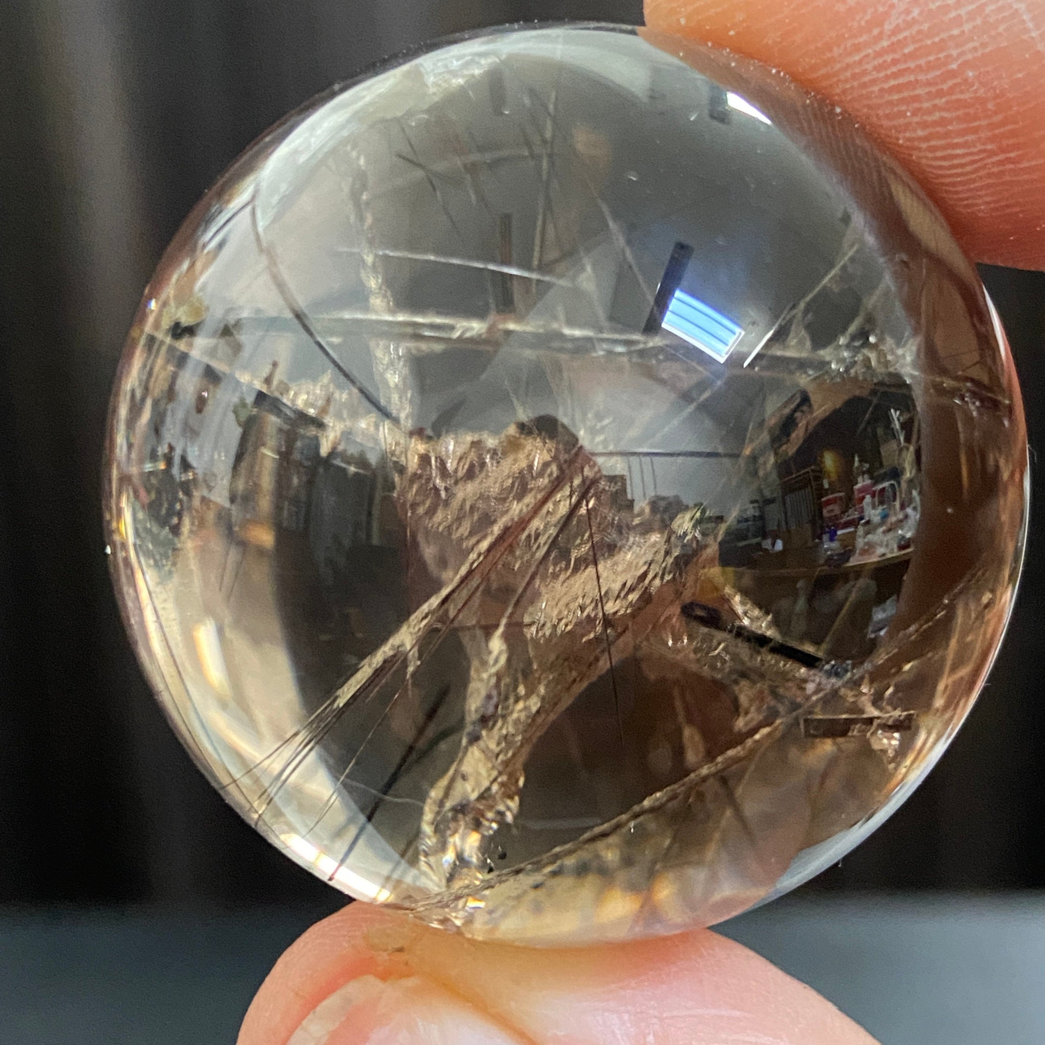 Smoky Quartz Sphere with Black Tourmaline and Pyrite